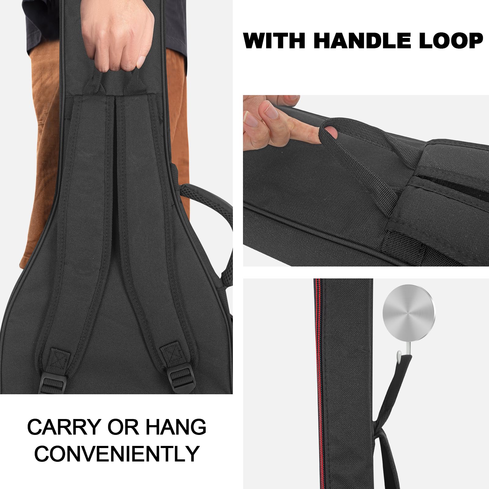 Sac à dos pour guitare basse avec rembourrage de 10 mm - Étanche - Avec sangle de protection du cou et bandoulière réglable - Noir, Noir , Bass Guitar Bag-Red Zipper