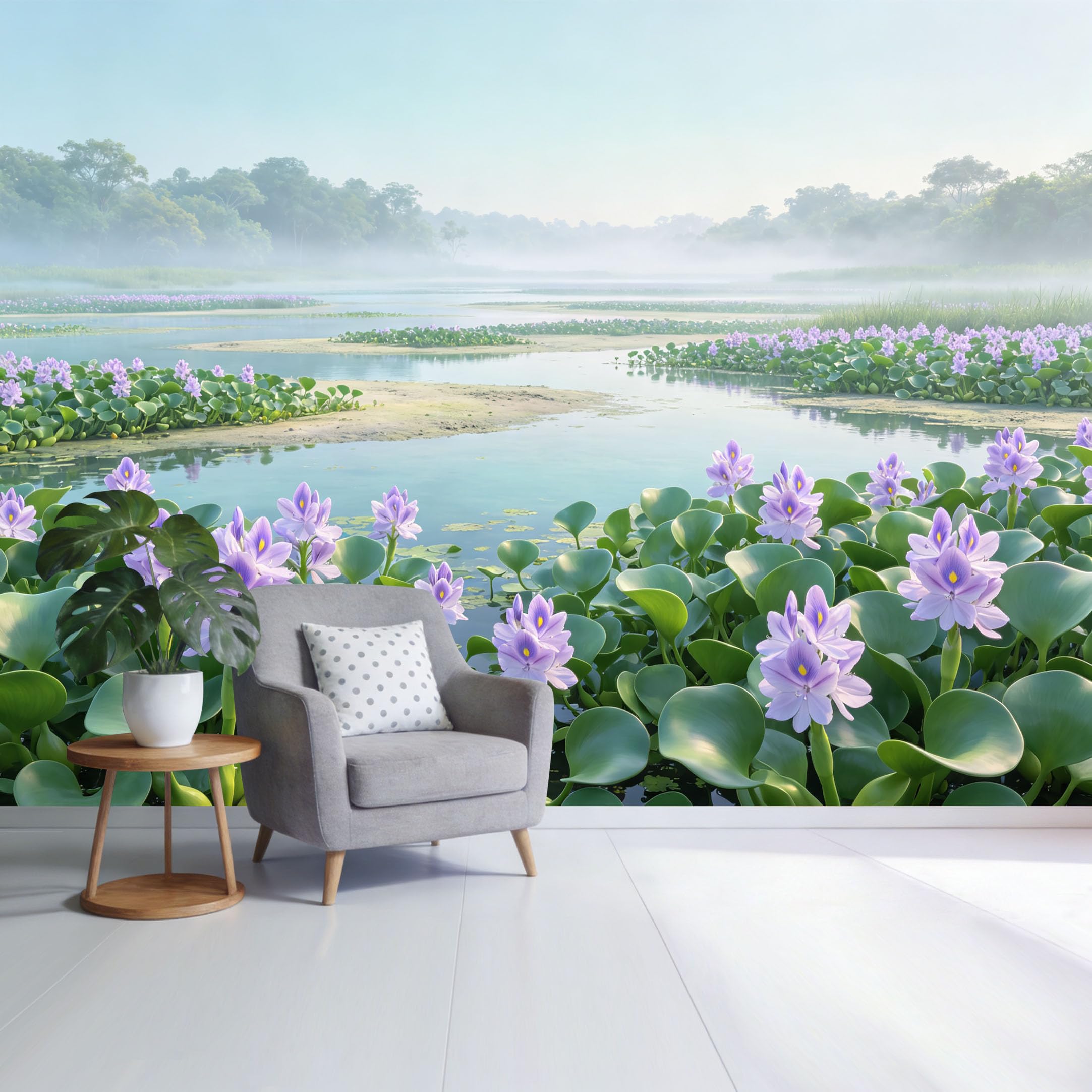 Custom Size Wall Mural Tranquil Lake Landscape Purple Water Hyacinth Botanical Scene Misty Morning Nature View SelfAdhesive Wall Fabric Removable Wallpaper for Home Office Decor