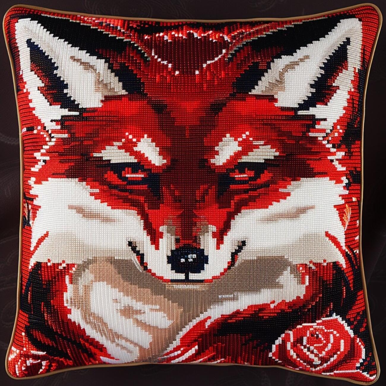 Nahuigood 11Ct Cross Stitch Cushion Covers Kits,Rose And Fox 45X45cm Tapestry Canvas Pillowcase Kit For Creative Home Décor,Diy Craft Needlework Pillowcase Kits For Kids Adults