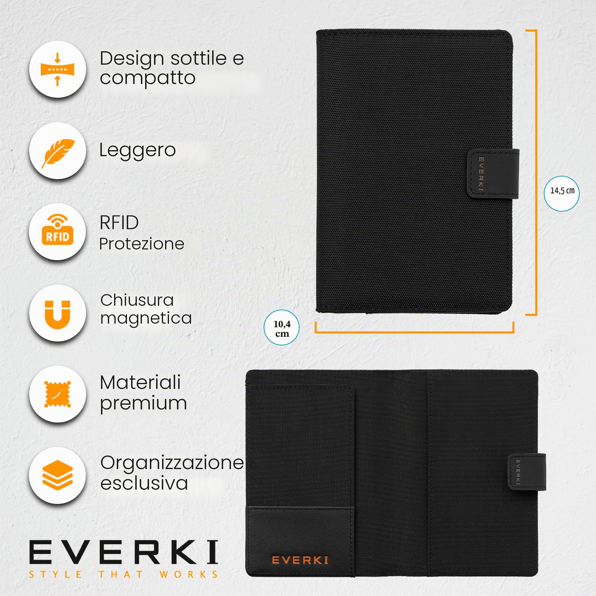 Everki porta passaporto RFID – custodia sottile anti-RFID per viaggio, copertura protettiva per passaporto, accessorio da viaggio donna/uomo – Nero