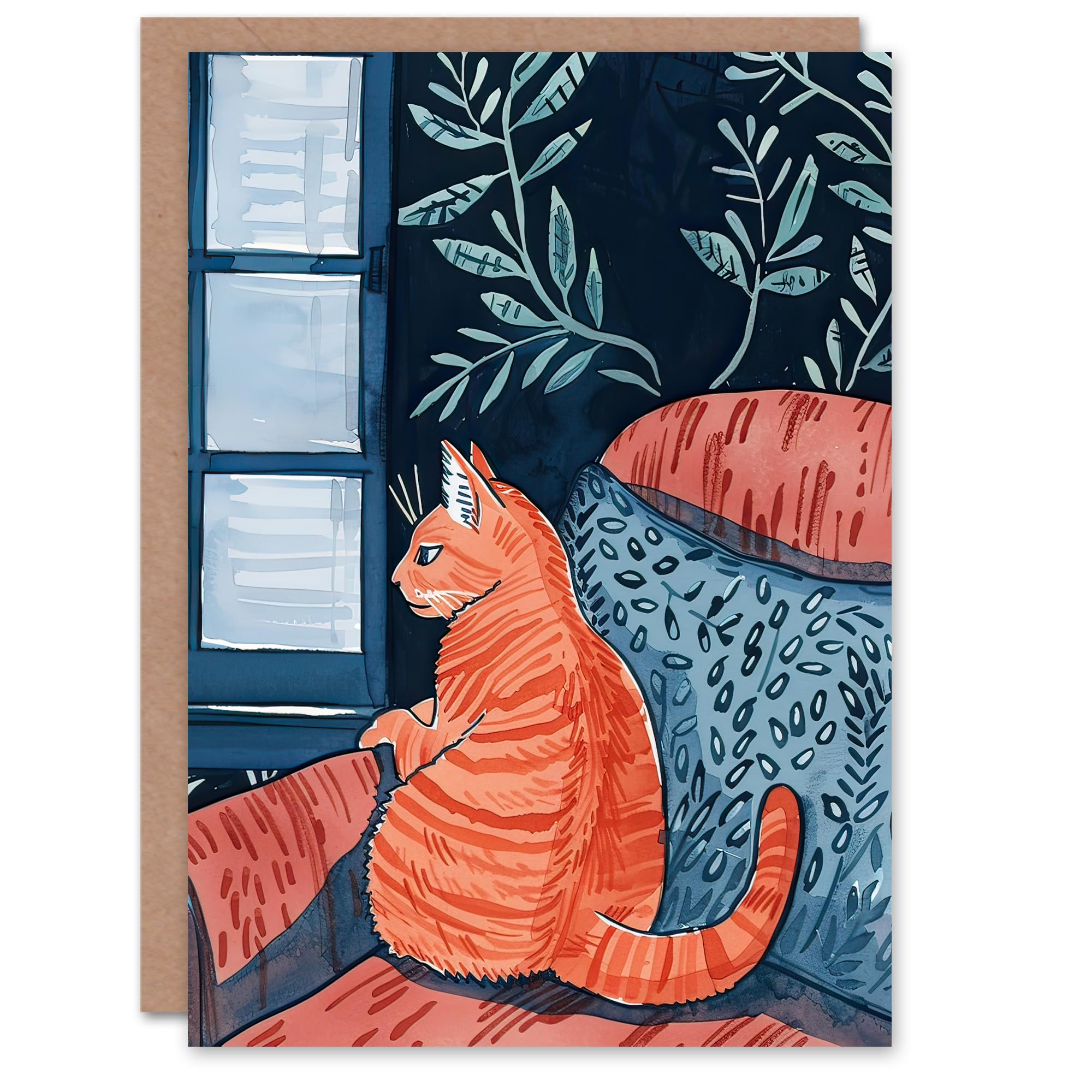Artery8 Greeting Card Moggie Cat Lover Alone Time Melancholy Painting Blank For Him Or Her Art Birthday Card