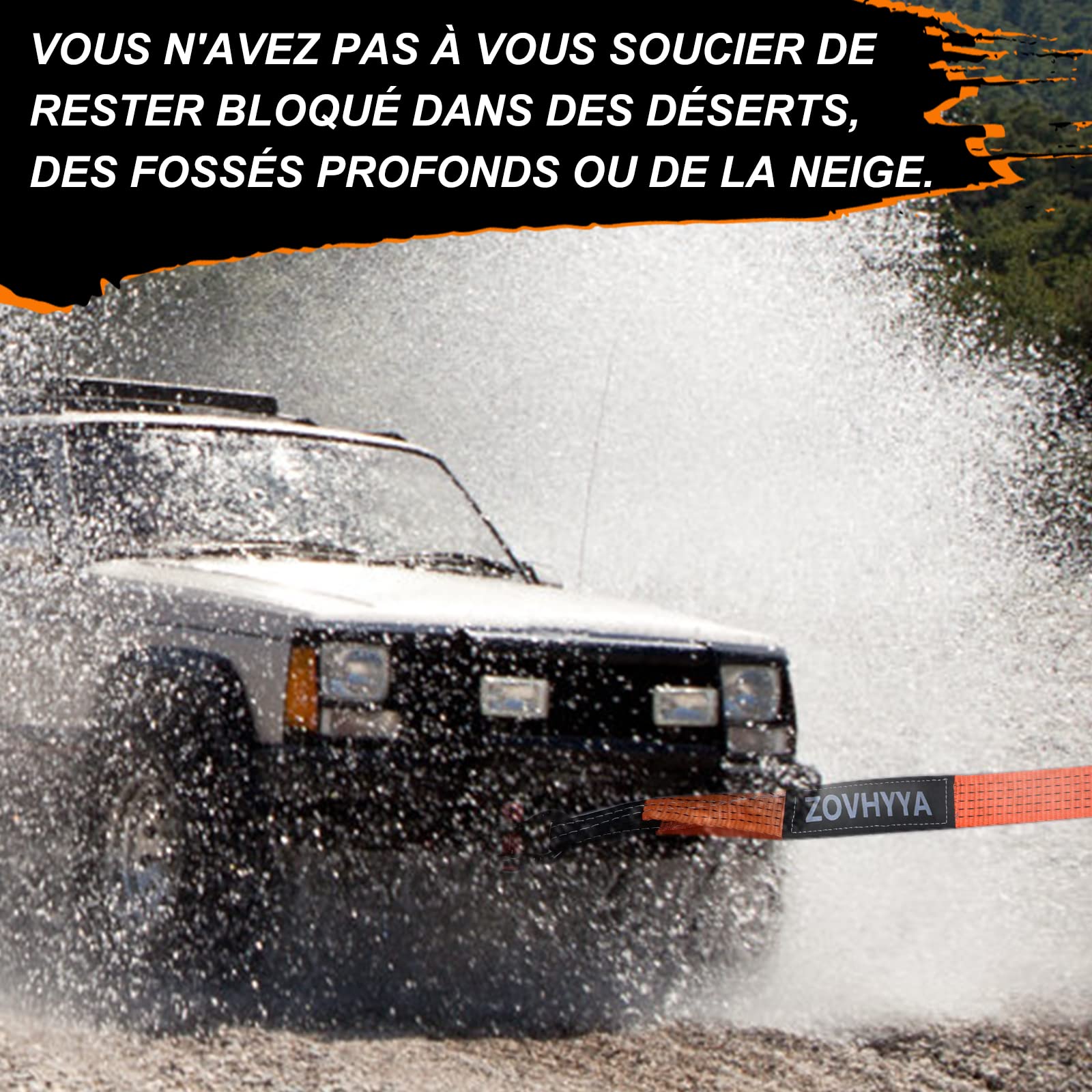 Corde de Remorquage Voiture 5M X 5CM Kit de Sangle de Remorquage 10T Sangle de Remorquage Haute Résistance Joints Renforcés avec 2 Manilles Solide et Epais (Orange)