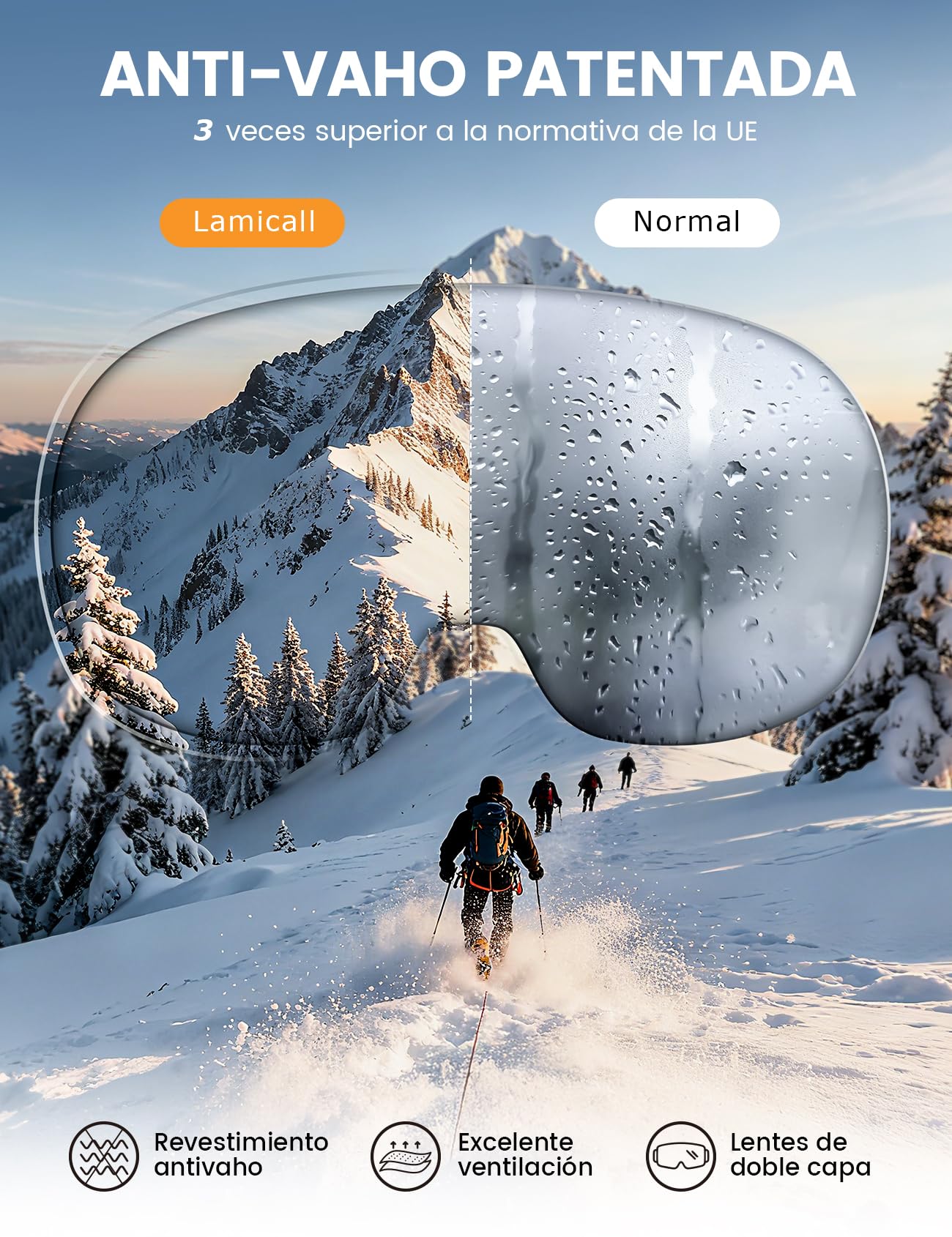 Lamicall Gafas de Esquí Hombre, Gafas Ski OTG HD Lente Esférica Antivaho Patentado UV400 Protección