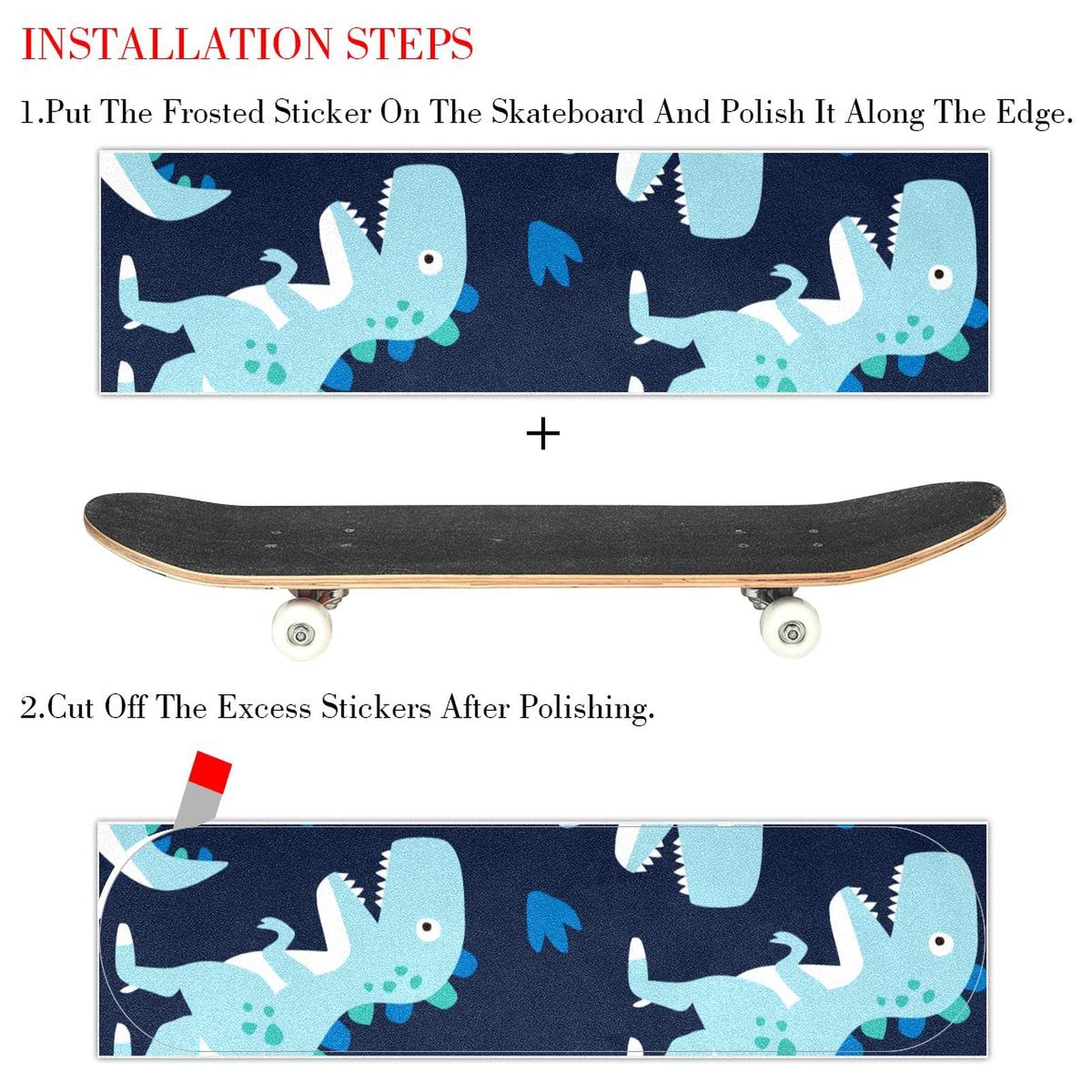 Lot de 2 feuilles de papier abrasif motif dinosaure bleu pour planche de skateboard et longboard