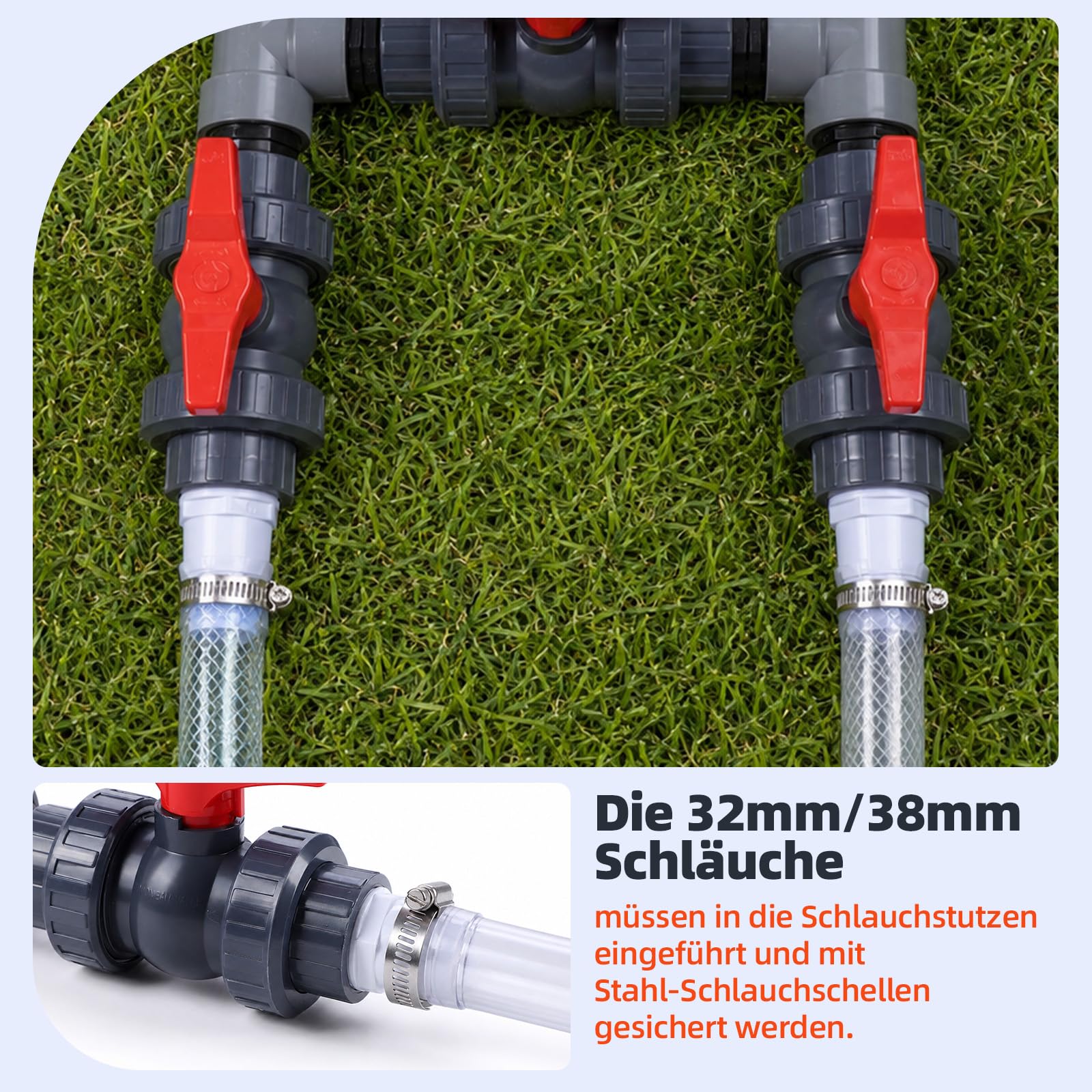 Bypass zestaw 3-drożnych zaworów, przyłącze basenowe do obejścia basenowego Ø 32/38 mm | Sterowanie dopływem wody do instalacji filtrów piaskowych, ogrzewania basenu, pompy ciepła do basenu, ogrzewania solarnego