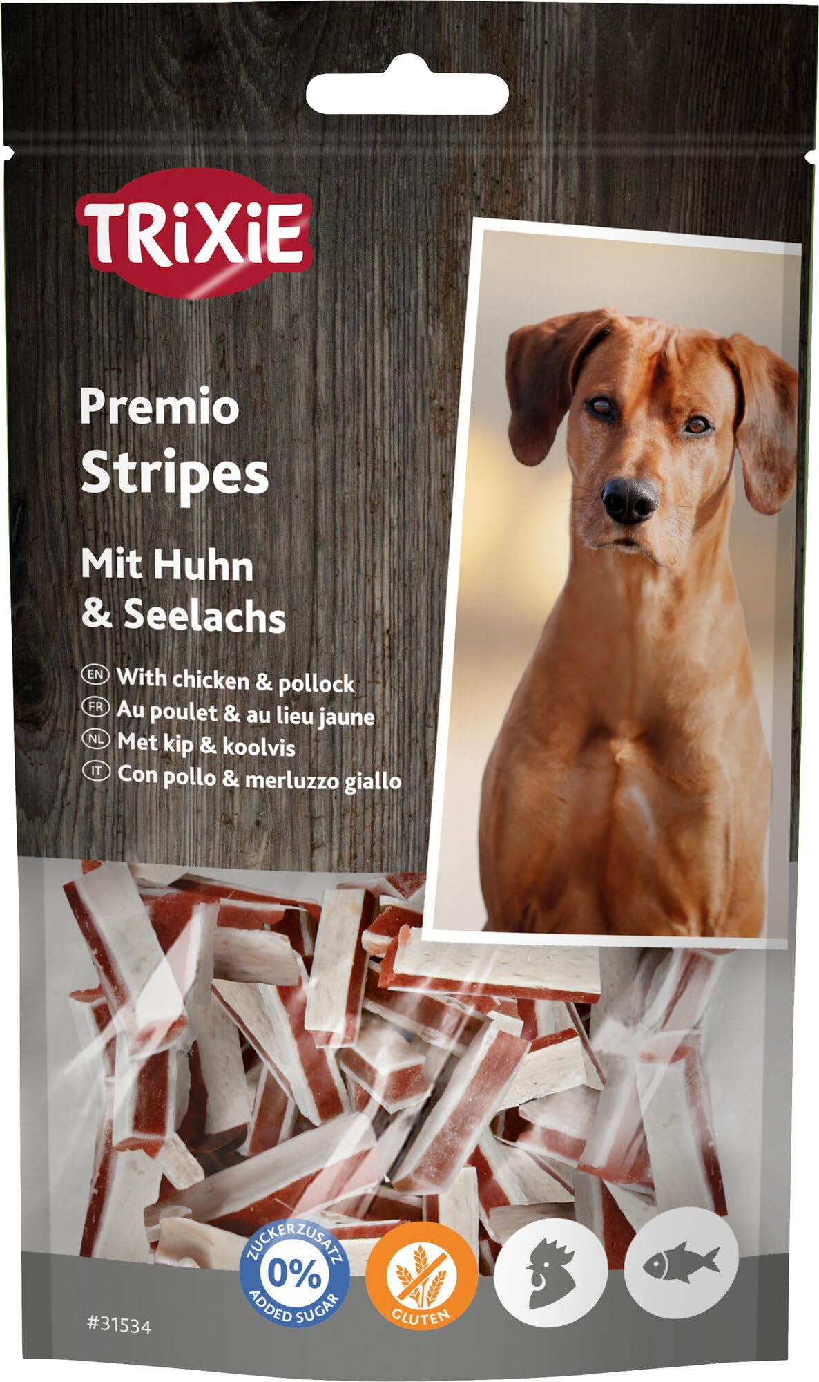 TRIXIE Premio Stripes mit Huhn & Seelachs - glutenfrei & ohne Zuckerzusatz - 65 % Fleisch- & 18 % Fischgehalt - perfekte Belohnung für Training & Spaziergänge - 75g - 31534