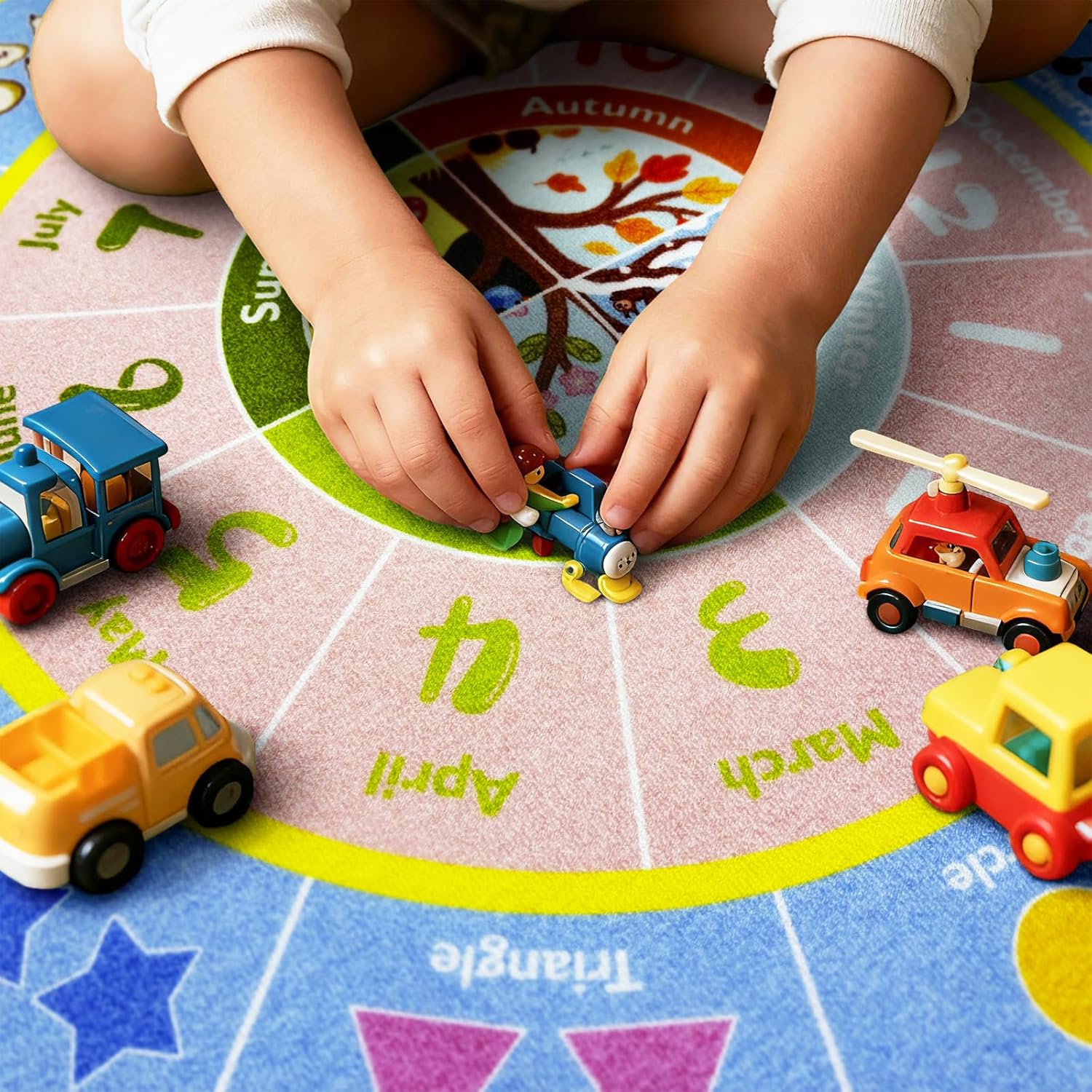 ABC Round Kids Rug for Playroom, 4ft Alphabet Small Classroom Rug, Educational Kids Play Mat With Number Shape Animal Season, Learning Area Rug for Nursery Bedroom Kidsroom, Colorful Non-Slip Washable