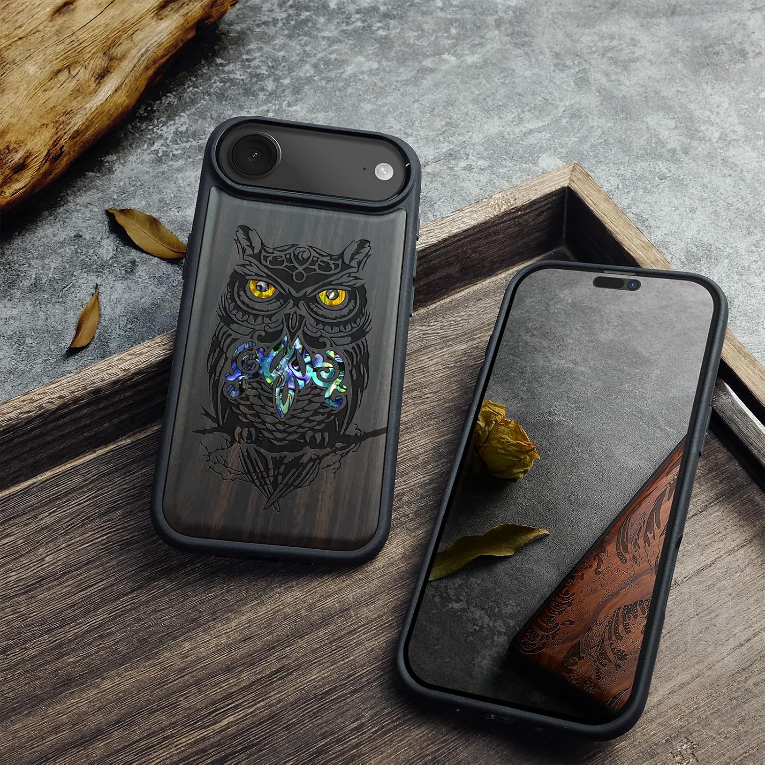 Carveit Magnetic Case for iPhone Air Case, Wood Artisan Engraved & Handmade Shell Inlaid, TPU Shockproof Cover, Compatible with MagSafe 17 Air Wireless Chargers (an Owl Perched on a Branch-Blackwood)
