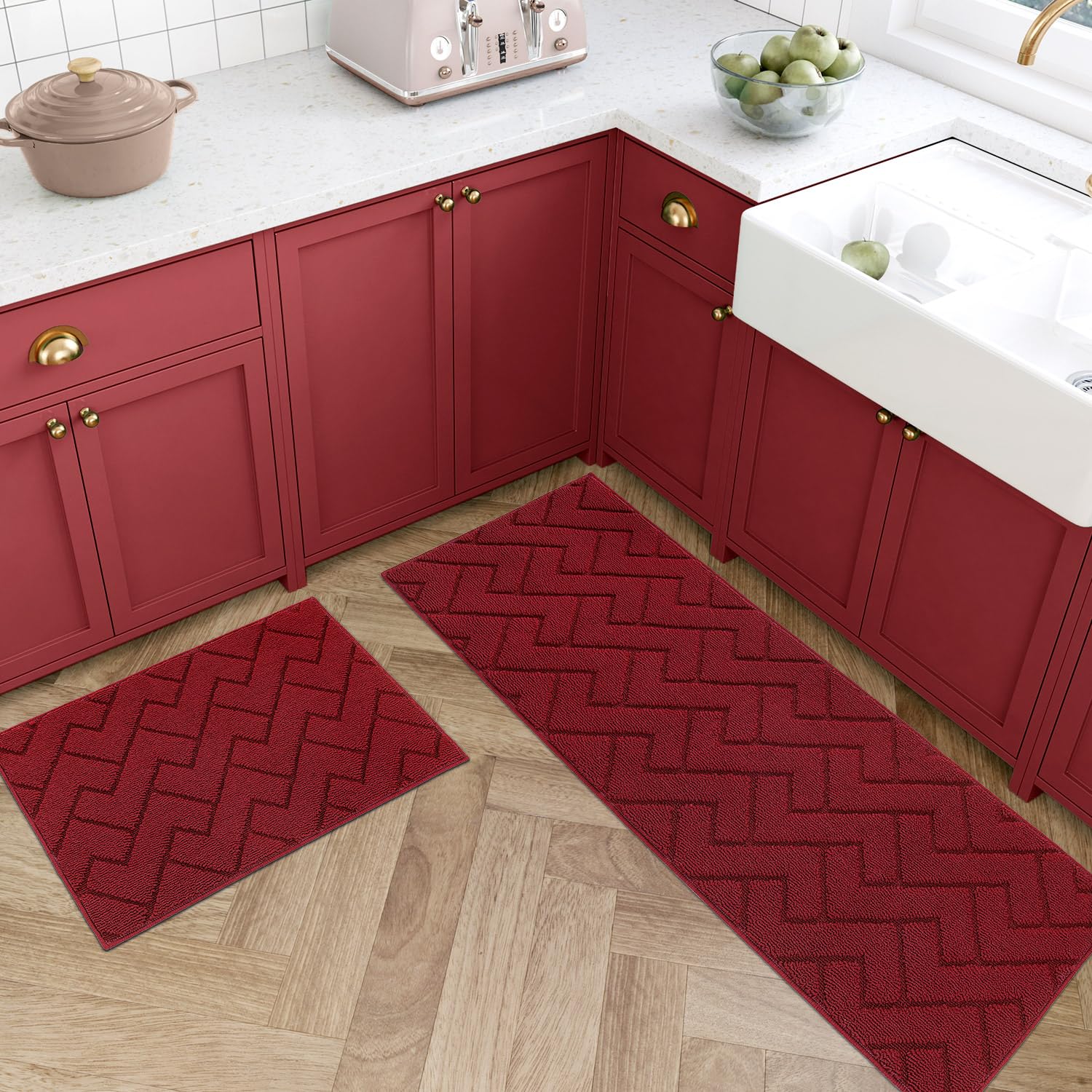 hicorfe Kitchen Rugs and Mats Sets,2 Pieces Super Absorbent Polypropylene Non-Slip Rug,Soft Comfort Floor Mat,Machine Wash for Kitchen,Hallway,Office,Sink,Laundry(20" x 31.5" Plus 20" x 48",Red