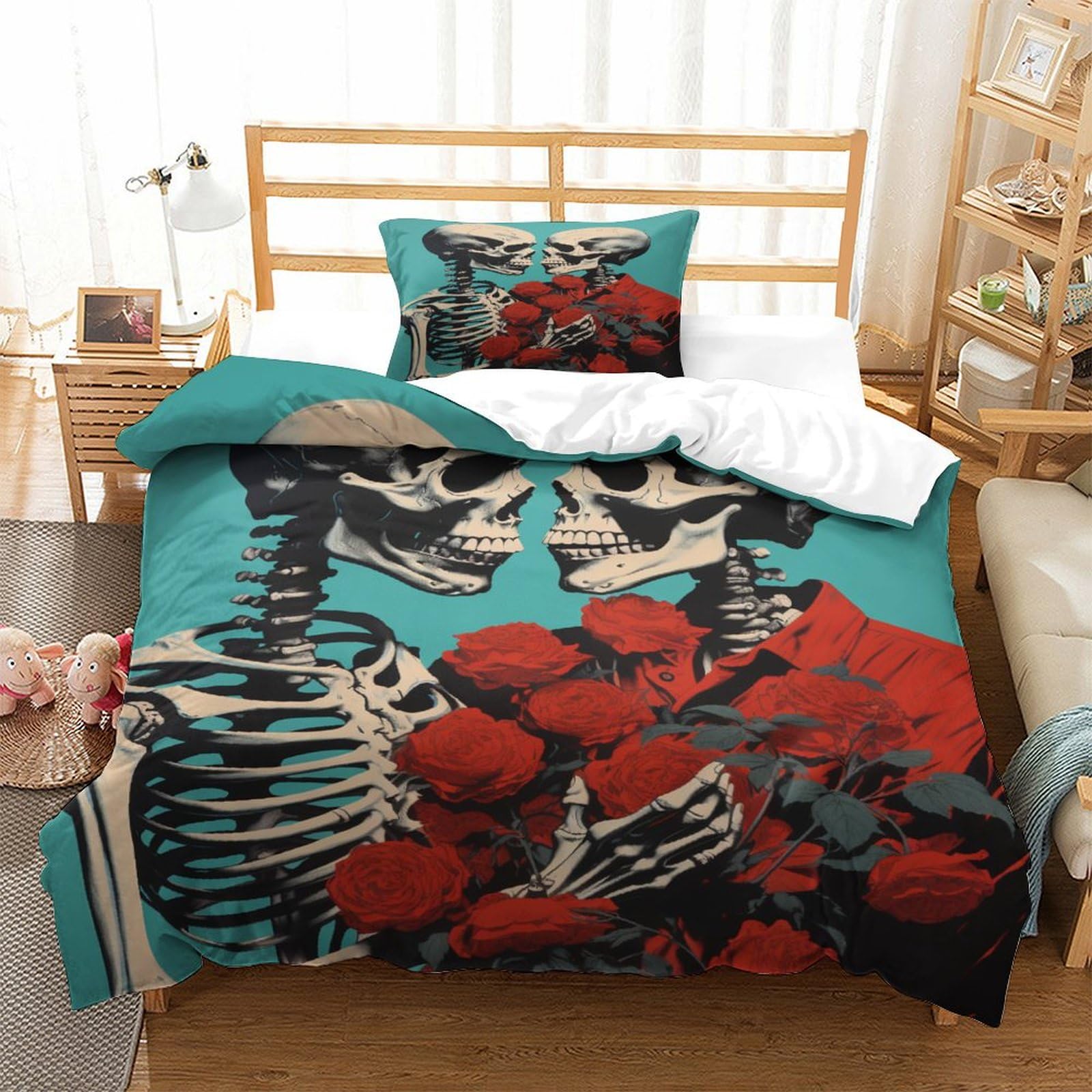 P1S9U7W5Y Romantic Skull Rose 3D Printed Duvet Cover Set 3pcs Microfiber Skeleton Rose Bedding Set Single