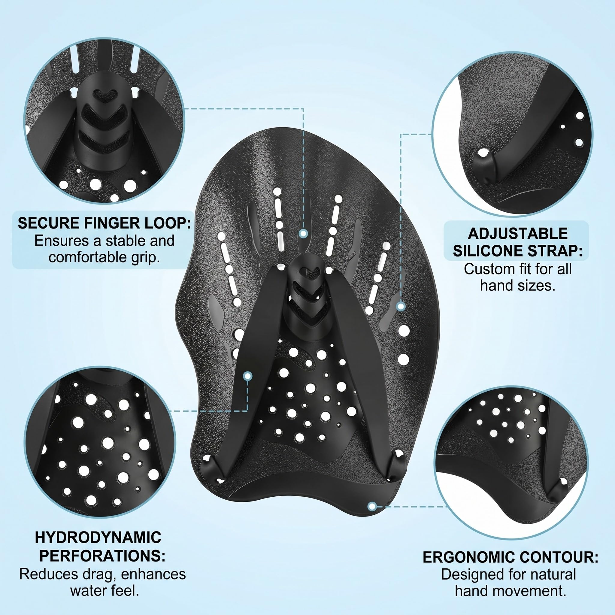 Palette Nuoto Piscina Adulti, 1 Paio Nere in Silicone con Cinghie Regolabili per Allenamento Tecnica e Resistenza
