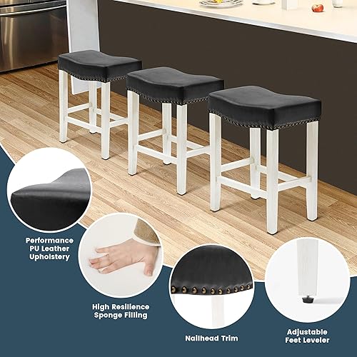 Miniatura 5 de WO Home Furniture - Taburete de bar de 24 pulgadas29 pulgadas, tapizado, sin espalda, con patas blancas antiguas de madera para cocina