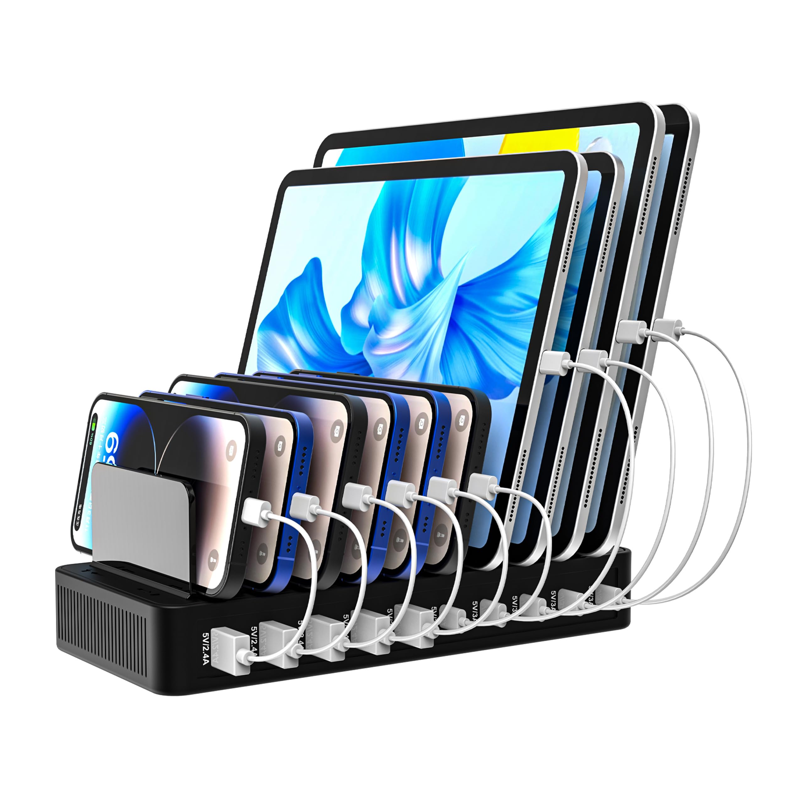 Haioulun 100W 10-Port Smart Charging Station | 5 USB-A & 5 USB-C Ports | Organized Design for Cellphones, Tablets, Watches & More (Black)