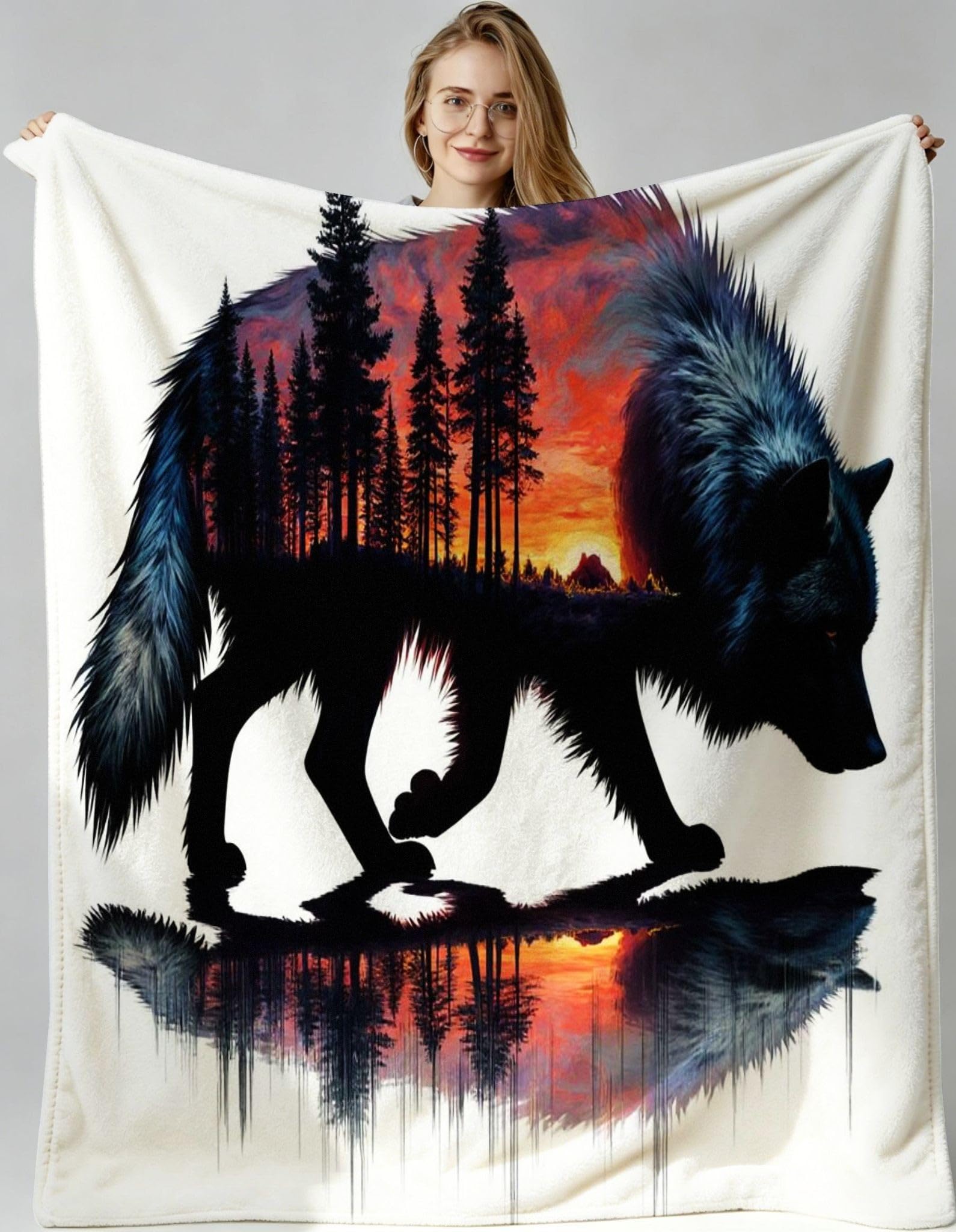 Plaid polaire 240x260 loup en flanelle épaisse pour grand lit 2 personnes