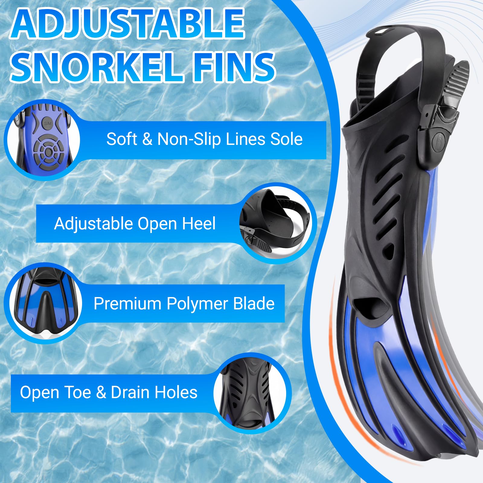 Sprzęt do snorkelingu z 3 okienkami dla dzieci i dorosłych, zestaw płetw 4 w 1, z maską do nurkowania, rurką suchą, regulowanymi krótkimi płetwami i torbą