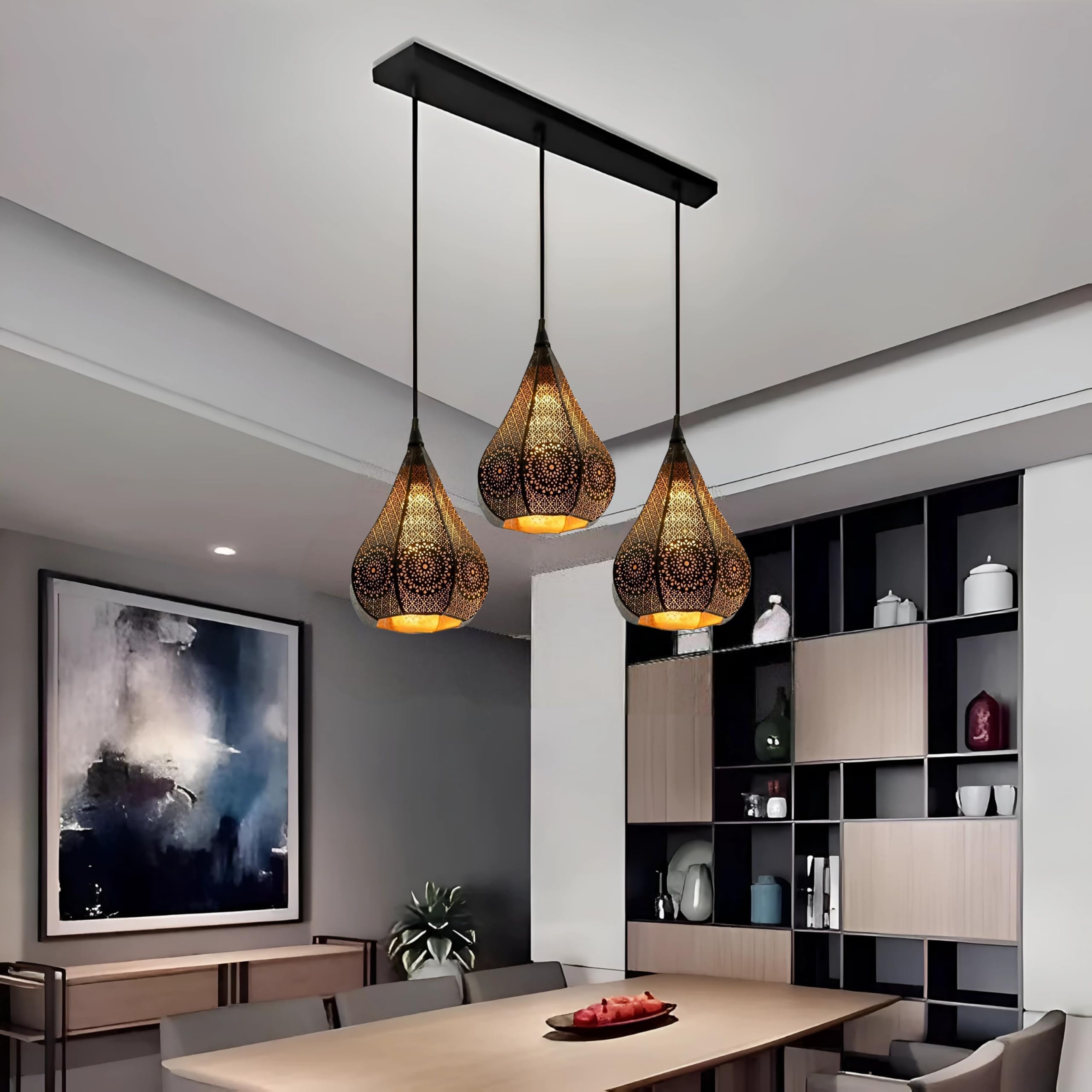 twixle Golden & Black Metal Laser Cutting Water Drop Design 3 Lamp Linear Cluster Hanging Lamp for Home Decor, Living Room, Kitchen, Bedroom, Balcony, Restaurant (Without Bulb)-image-5