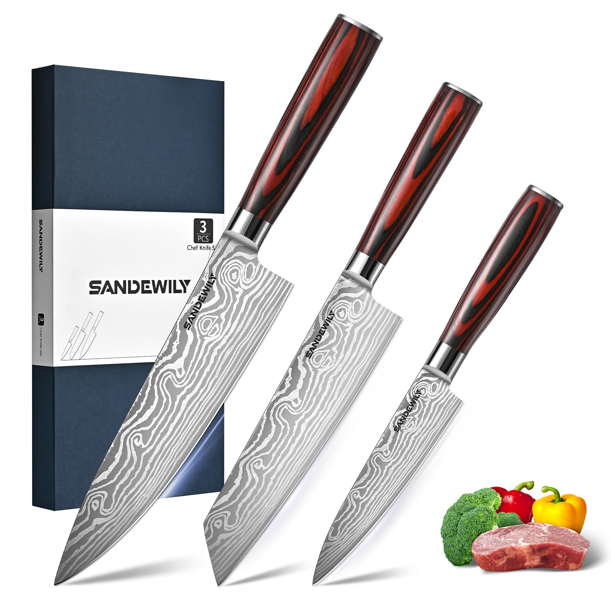 3-Piece Kitchen Knife Set, High Carbon Stainless Steel Sharp Knives with Sheaths - 8" Chef, 7.5" Santoku, 5" Utility Knives for Home Cooks, Cooking, Meat & Vegetables