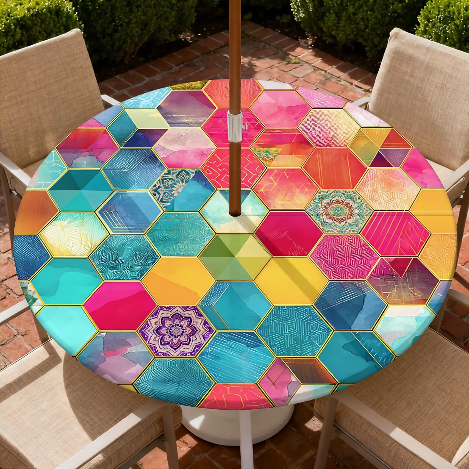 artslion Outdoor Round Table Cloth with Umbrella Hole & Zipper, Fitted Table Cover Elastic Edge Waterproof Tablecloth for Garden Patio & Dining Table (36" Multicolored Hexagons