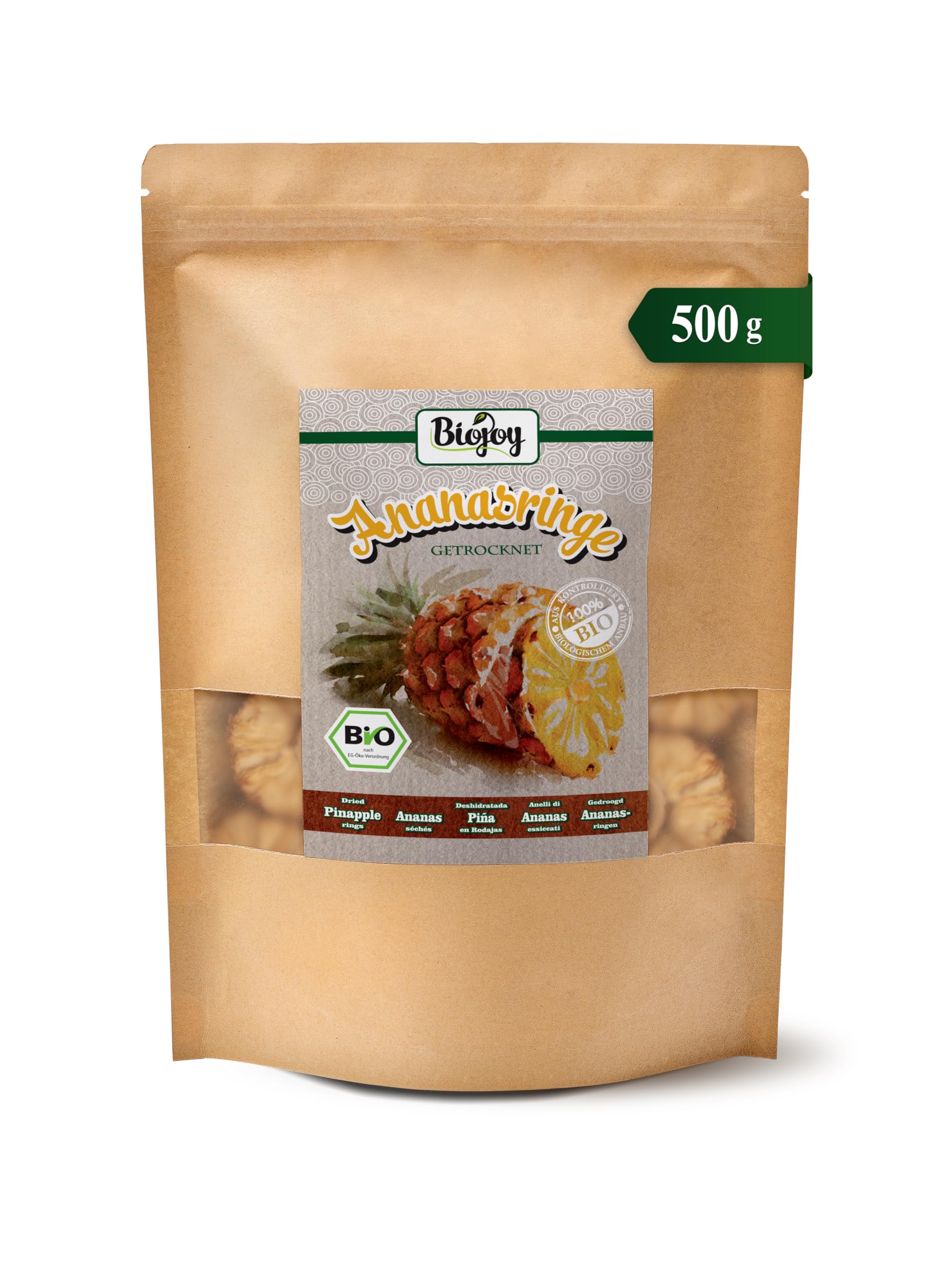 Biojoy Piña deshidratada BÍO (500 g), sin azúcar añadido y sin azufre, natural