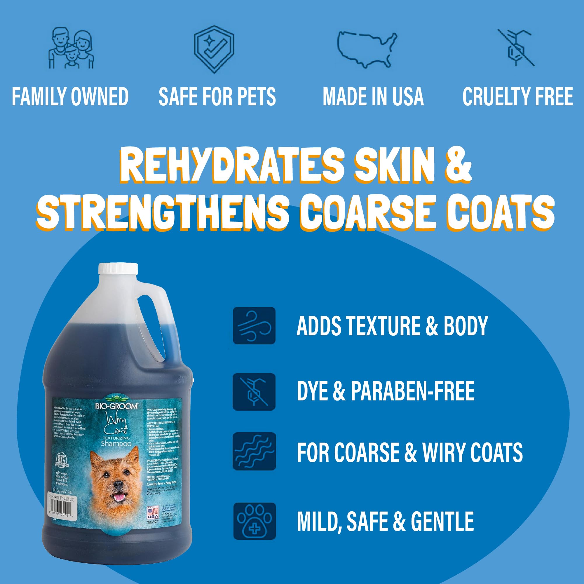Bio-Groom - Wiry Coat - Hundeshampoo - Für Rassen mit grobem, drahtigem, trockenem Fell - Verleiht Textur und Fülle - Mit Sojaprotein - Mild und sanft - 3,8 L