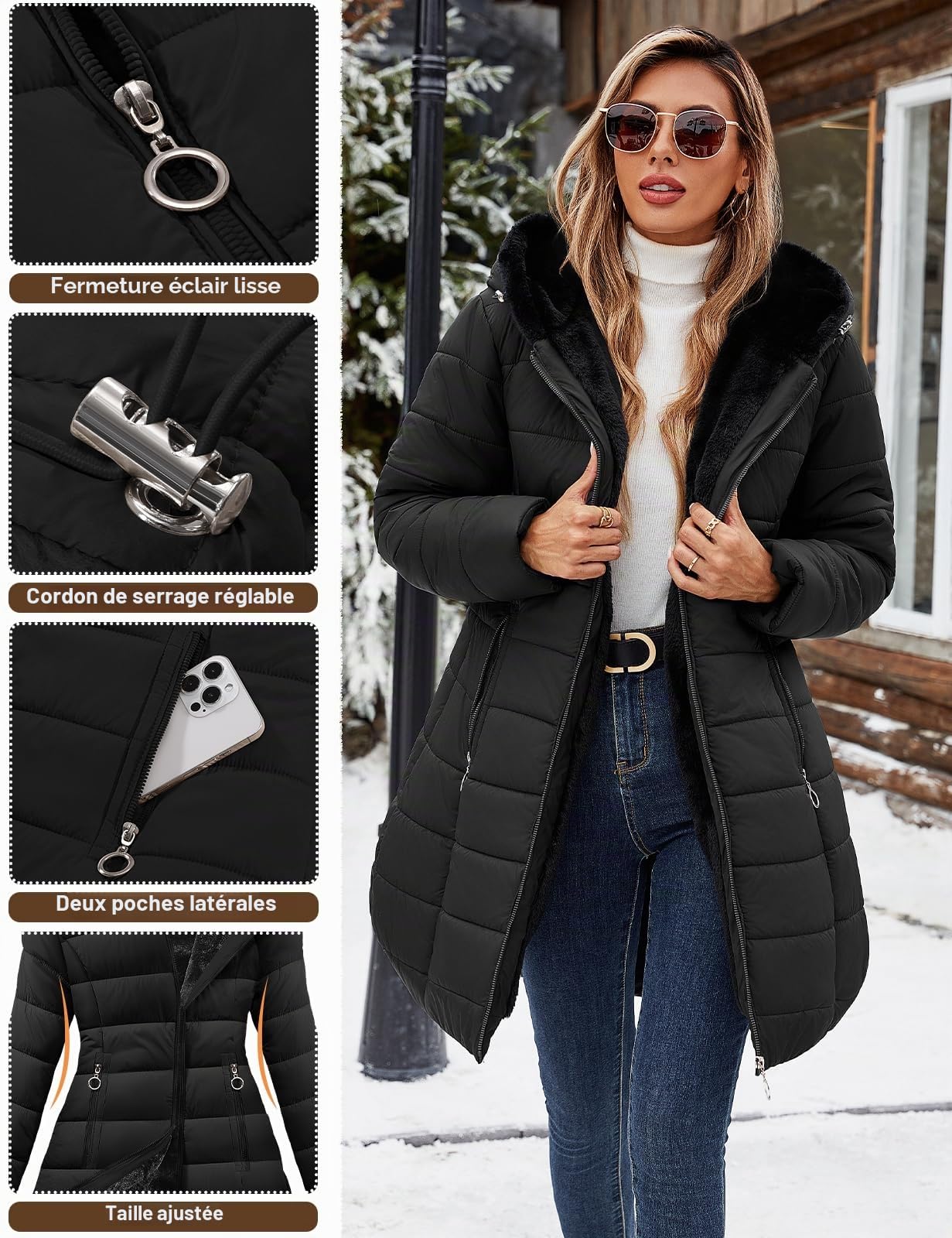 Yuson Girl Manteau Femme Longue Matelassé Polaire Doublé Manteau Hiver Veste Épais Chaud Parka Manteau Blouson Zippé à Capuche Hooded Coat Elégant Veste Imperméable Outercoat avec Poches