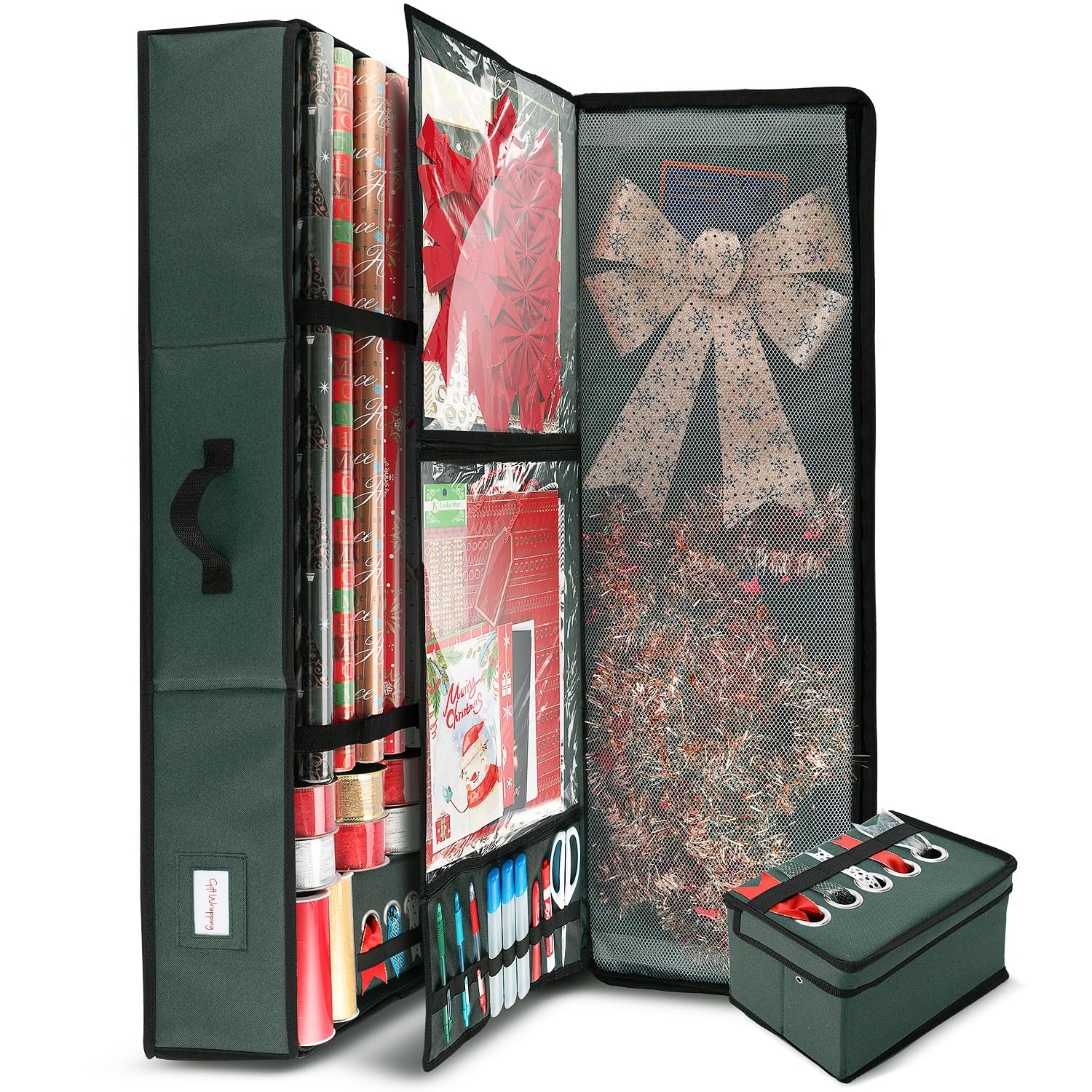 Hearth &amp; Harbor Holiday Storage with Extra 2 PC of Christmas Storage Bins and Ribbon Storage Organizer - Fade Resistant Wrapping Paper Storage Containers with Wheels Fits Up to 30 Rolls of 40" Length