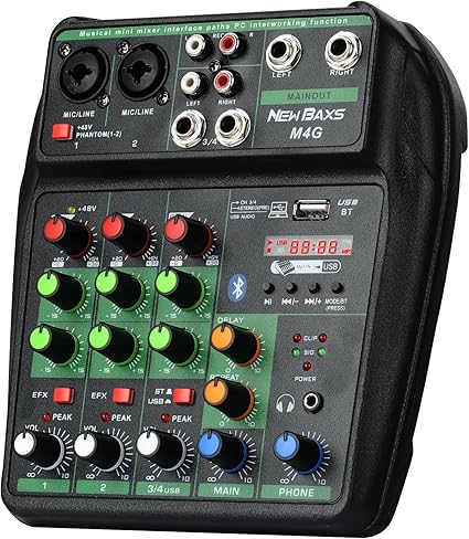 DJ Audio Mixer, DJ Mixers 4 Channel Sound Board with Bluetooth, NEW BAXS Sound Mixer Board XRL/1/4" Interface, USB/MP3 Computer Input 48V Phantom Power Stereo DJ Studio Streaming KTV Stage,Balck
