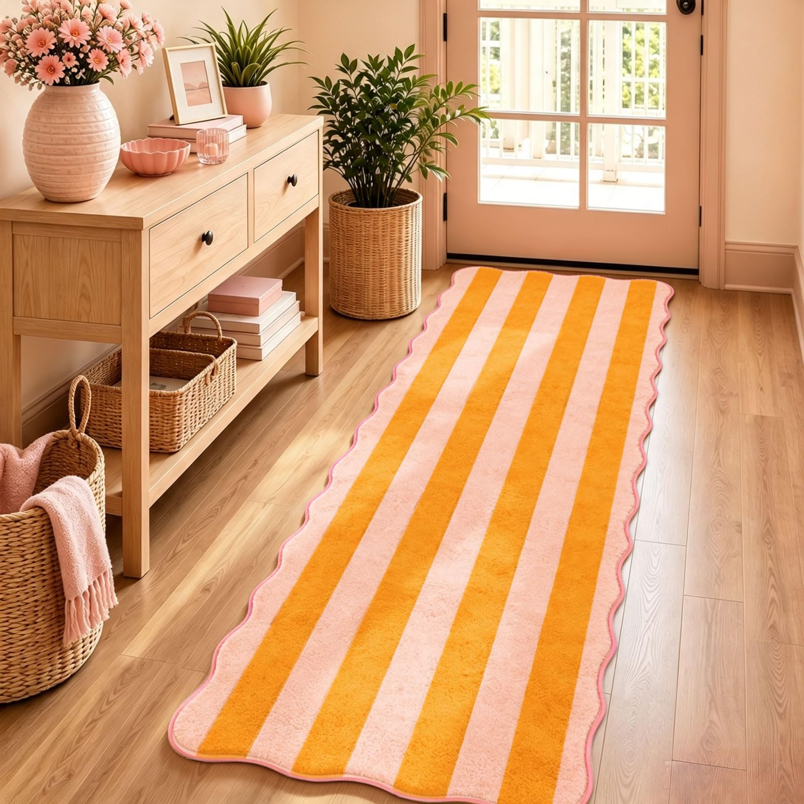 JarThenaAMCS Scalloped Kitchen Runner Rug, Orange Pink Stripe, 2 x 6 Ft