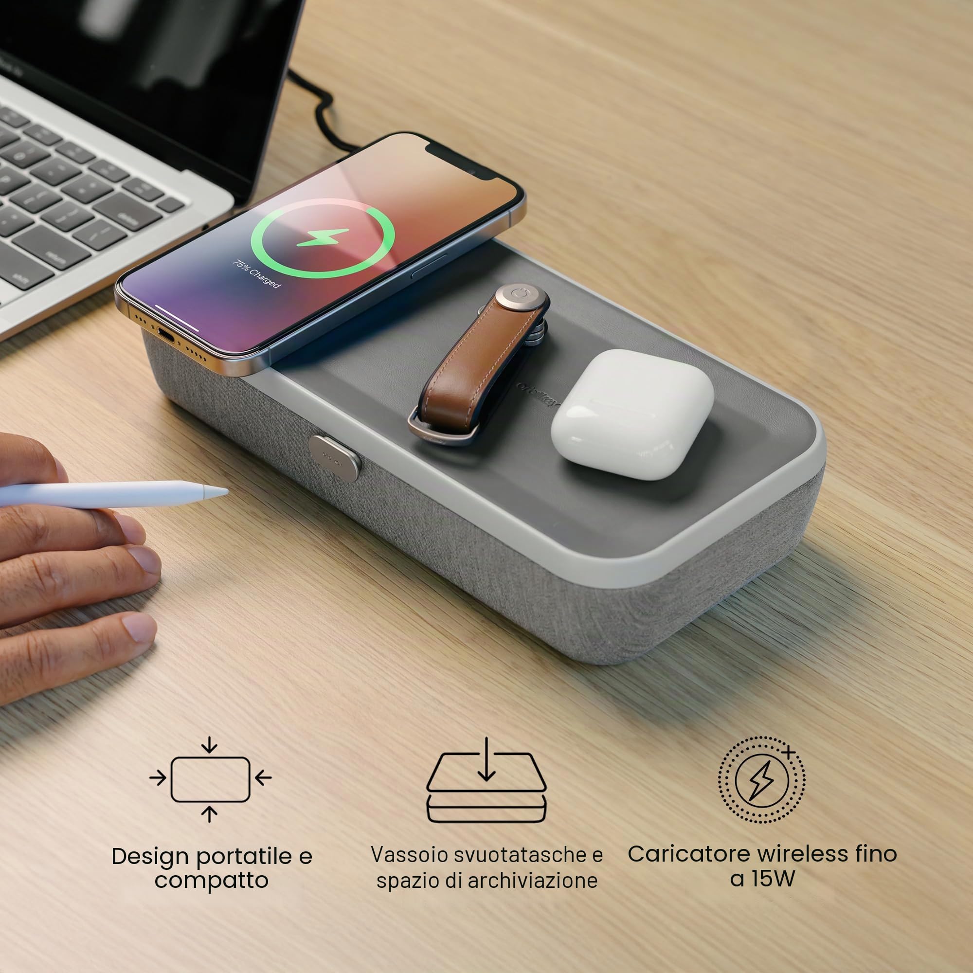 Orbitkey Nest V2 - Organizer da scrivania portatile e personalizzabile con caricabatterie wireless integrato, guscio in policarbonato con tessuto in nylon poli melange e lega di zinco (nero)