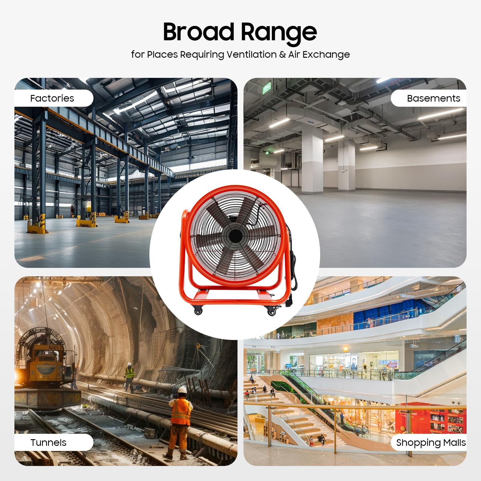 Ventilatore industriale da pavimento, suono d'uso 79 dB, 15000 m³/h, 220 V, utilizzato per la ventilazione o il raffreddamento in gallerie e fabbriche, non adatto a luoghi silenziosi come gli uffici