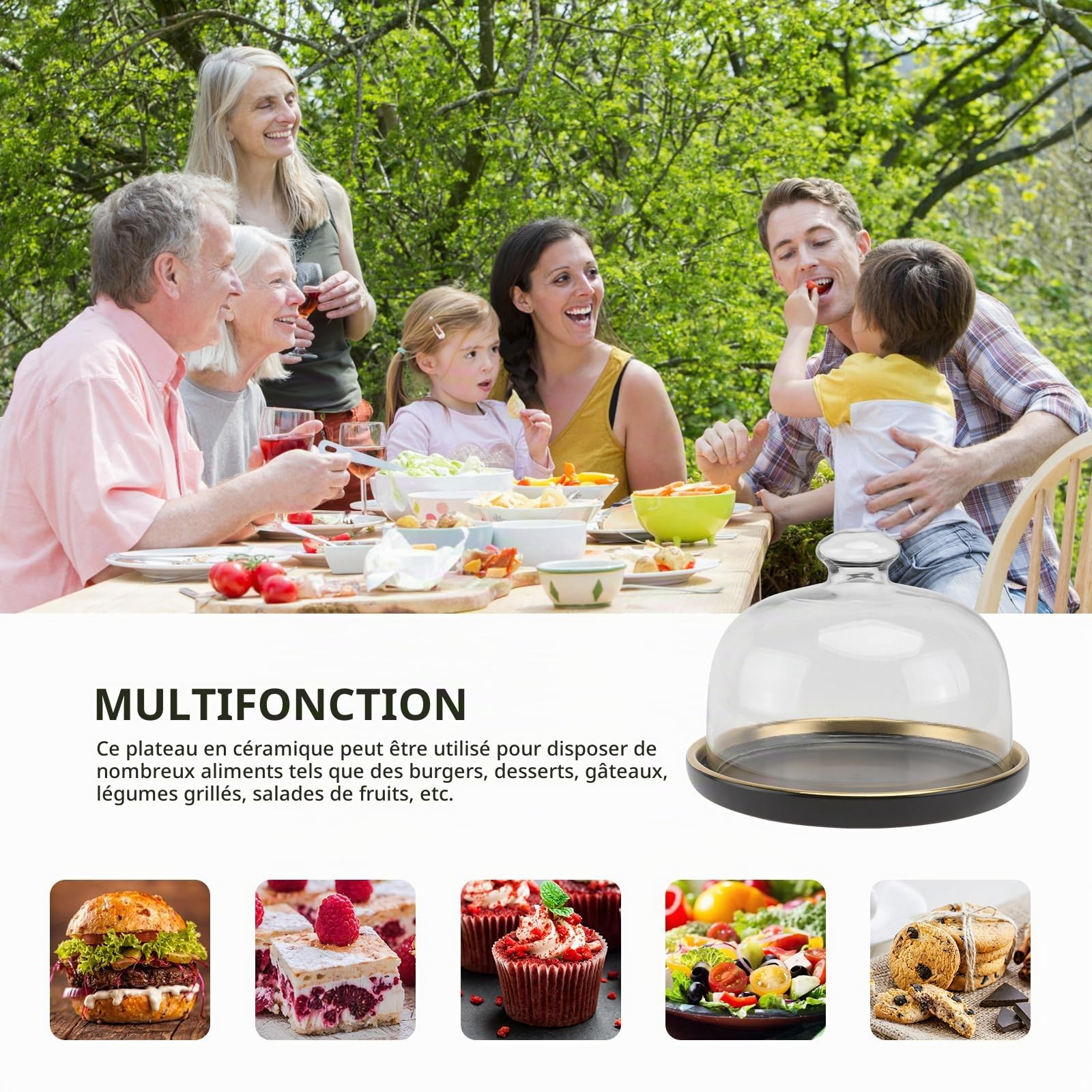 DOITOOL 1 présentoir à gâteau avec Cloche en Verre - Plateau de Service - Plateau à Dessert - Plat à Dessert - Plat à Pain pour crème Fromage, gâteau, Salade - Noir