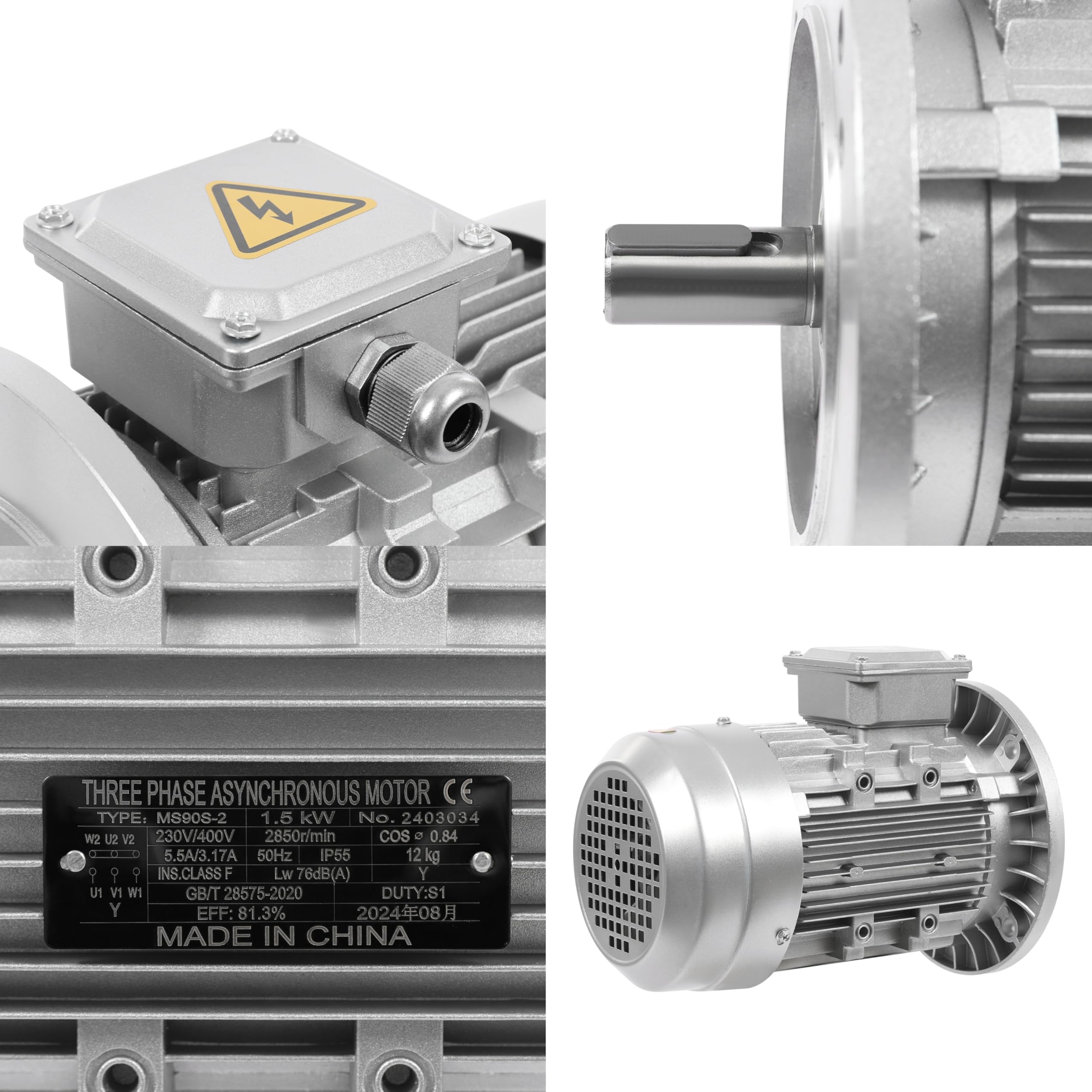 230/400V Elektromotor Drehstrom-Asynchronmotor mit Reiner Kupferspule, 1,5KW 2850 RPM Elektro 3-phasig Motor aus Metall, Dreiphasen-Motor S1 B5 Wellendurchmesser 24mm Drehstrommotor