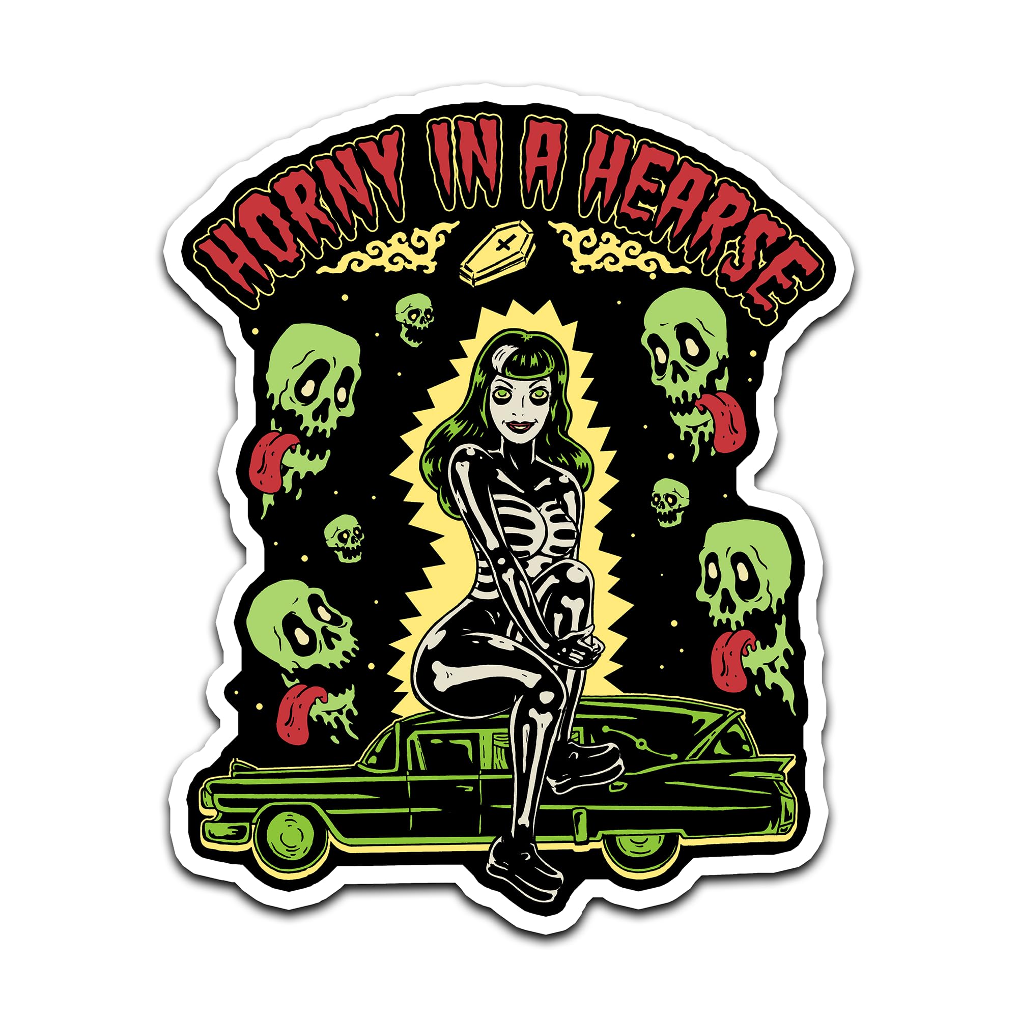 4" Horny in a Hearse Goth Girl Sticker Funny Voodoo Skeleton Pin-up Decal Waterproof Decal for Car, Auto, Water Bottles, Phone Case, or Laptop