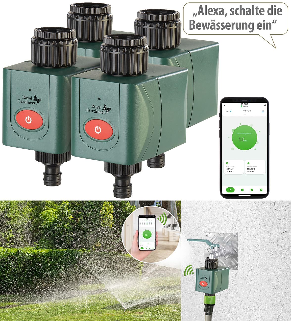Royal Gardineer Elesion Bewässerung: 4er-Set WLAN-Bewässerungscomputer mit Ventil, App-Wetterdatenabgleich (Steuergerät Garten-Bewässerung, Bewässerungssystem Garten WLAN, Handy)