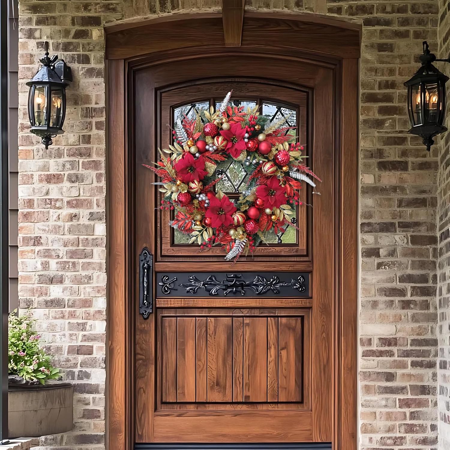 24-inch Christmas Wreath Handcrafted Red Gold Glitter Ball Red Flower Pine Needle Wreath Christmas Thanksgiving Front Door Fireplace Window Decoration Party Wedding Courtyard Decoration