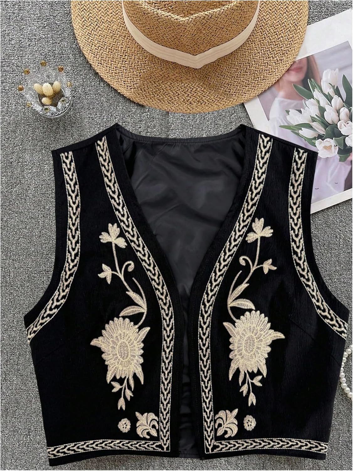 Verdusa Women's Cowgirl Vest Western Outfit Linen Vest Embroidered Boho Tops