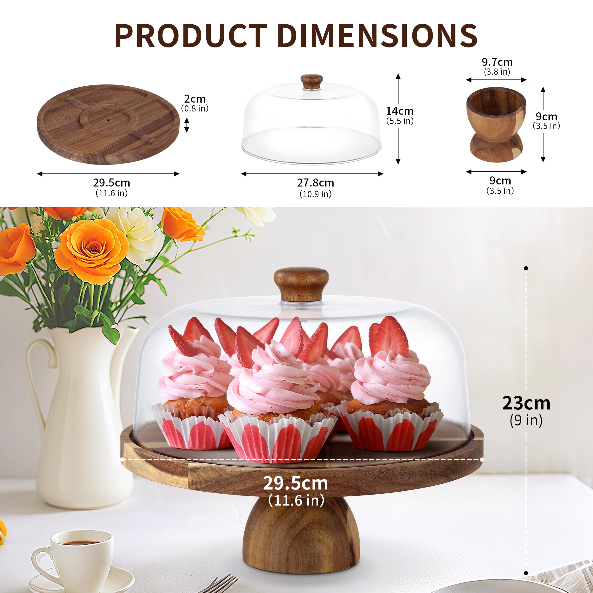 30cm alzatina per dolci in legno | porta torta doppia faccia con base amovibile e campana per dolci in PET trasparente | Ideale per matrimonio, festa, tè pomeridiano