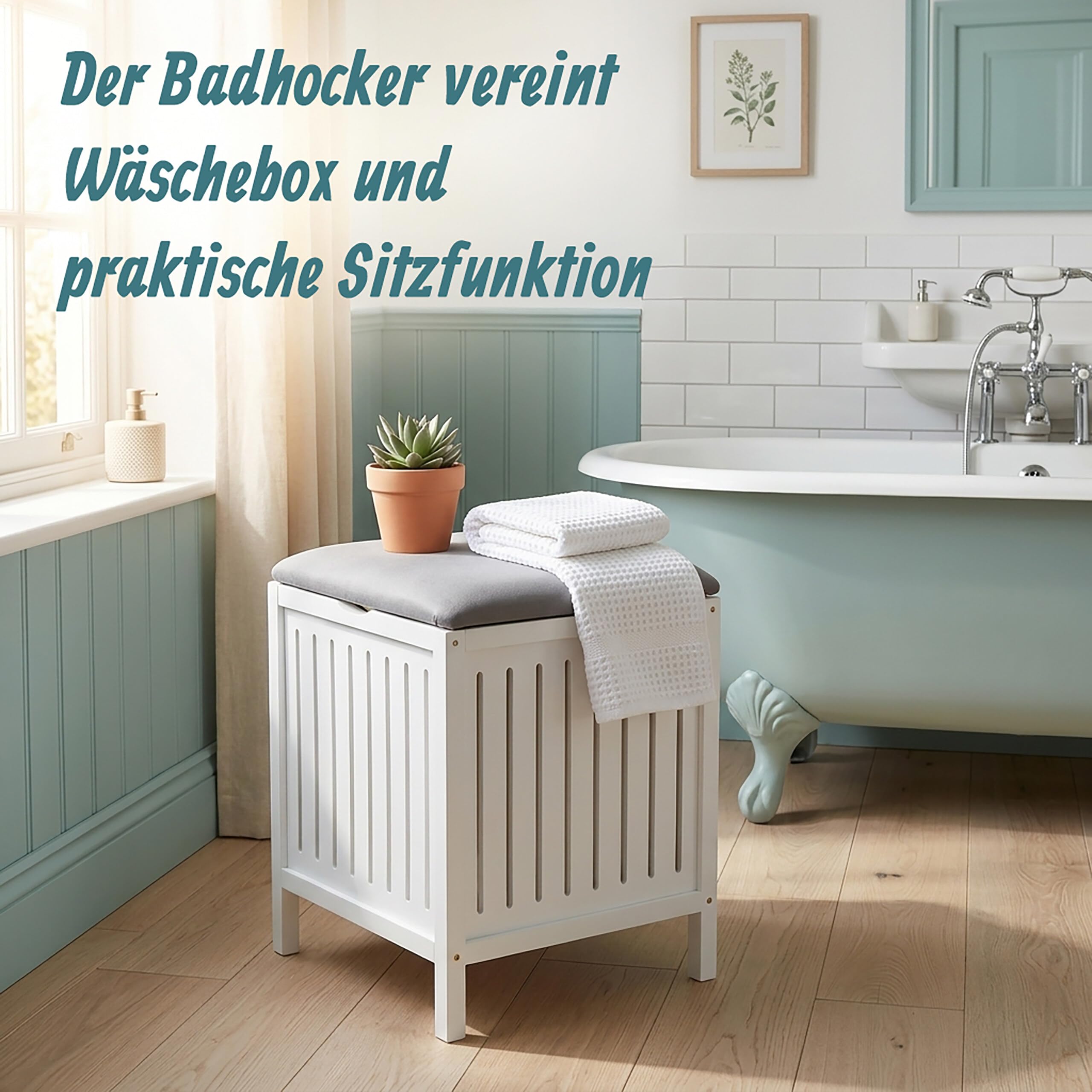Relaxdays Wäschekorb zum Sitzen, Walnuss, gepolsterter Deckel, HxBxT: 51 x 38 x 38 cm, Badhocker mit Stauraum, weiß/grau