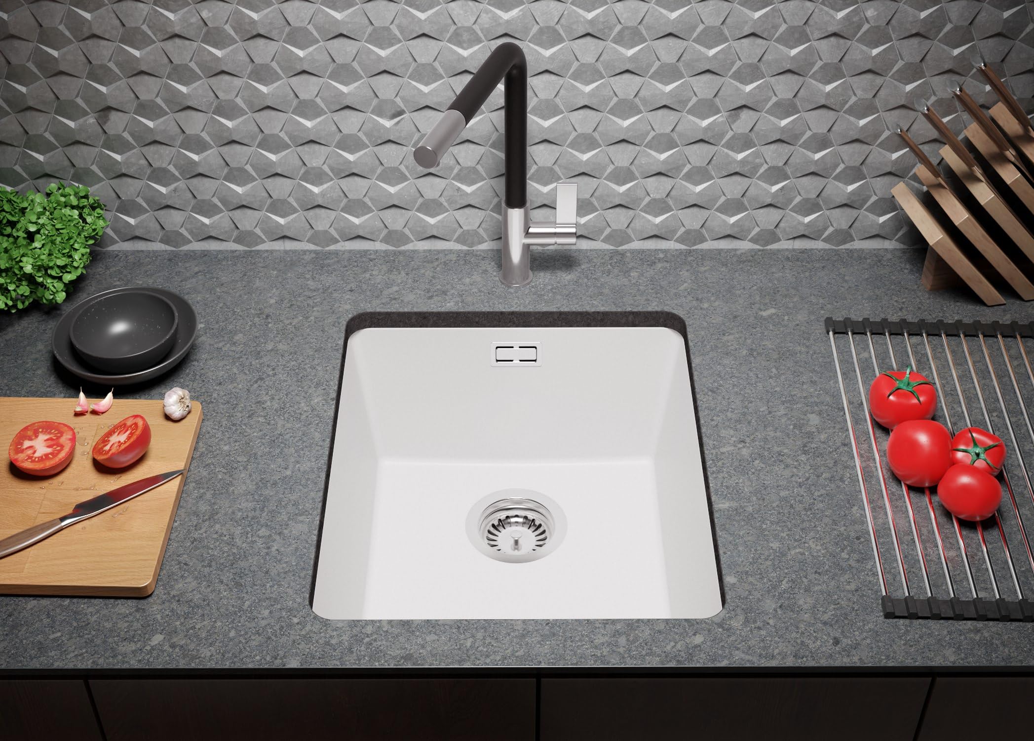 PRIMAGRAN Fregadero bajo Encimera Blanco - London, 41x47cm | Cocina 1 Seno + Zuberhor-Set, Granito al Mueble 45cm (S152)
