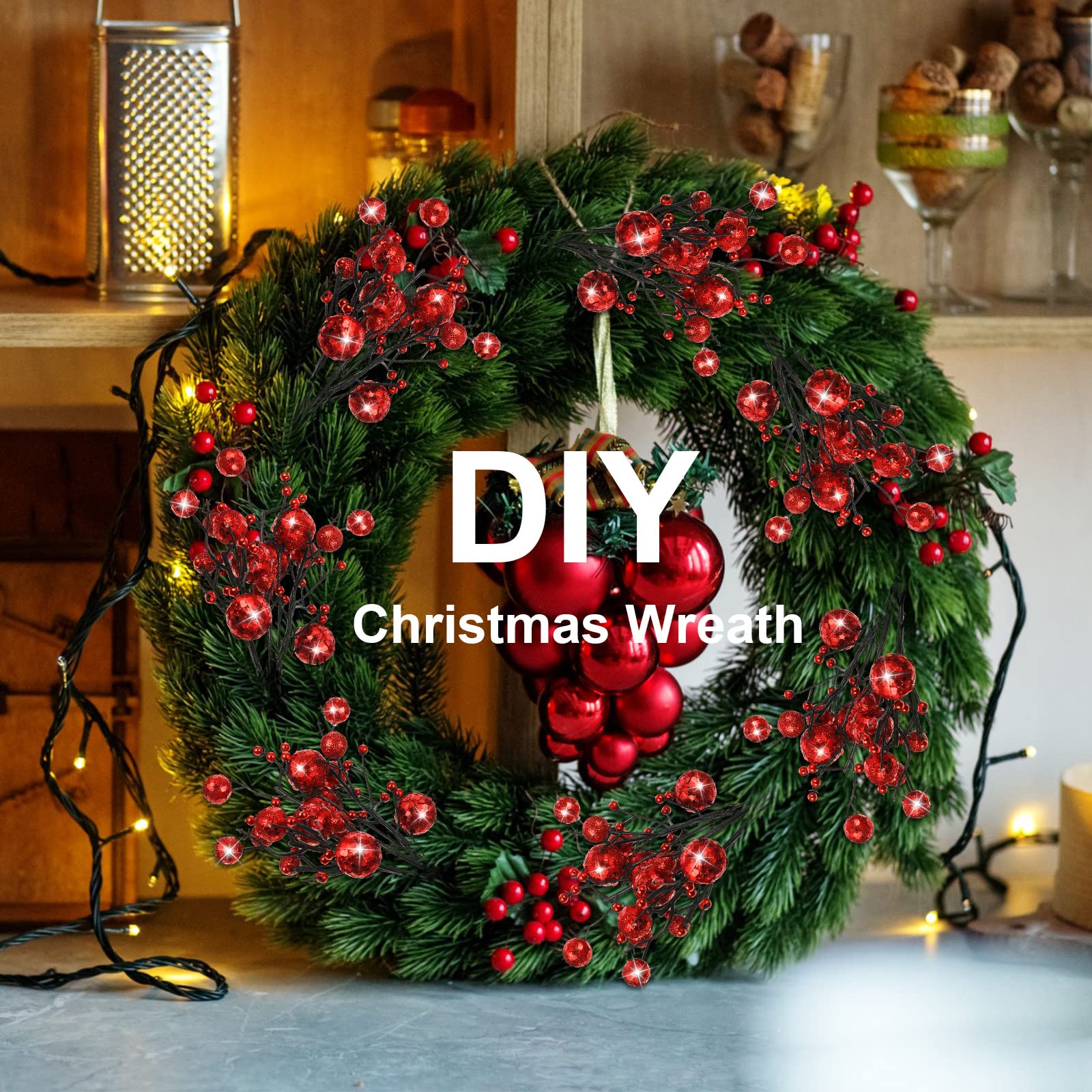 Geosar 24 Stück Weihnachten Glitzernde Beeren Zweige Weihnachten Beeren Picks Künstliche Glitzernde Beeren Ornamente Blumenstiele für Weihnachtsbaum, Haus Kranz, Party Dekoration (Rot)