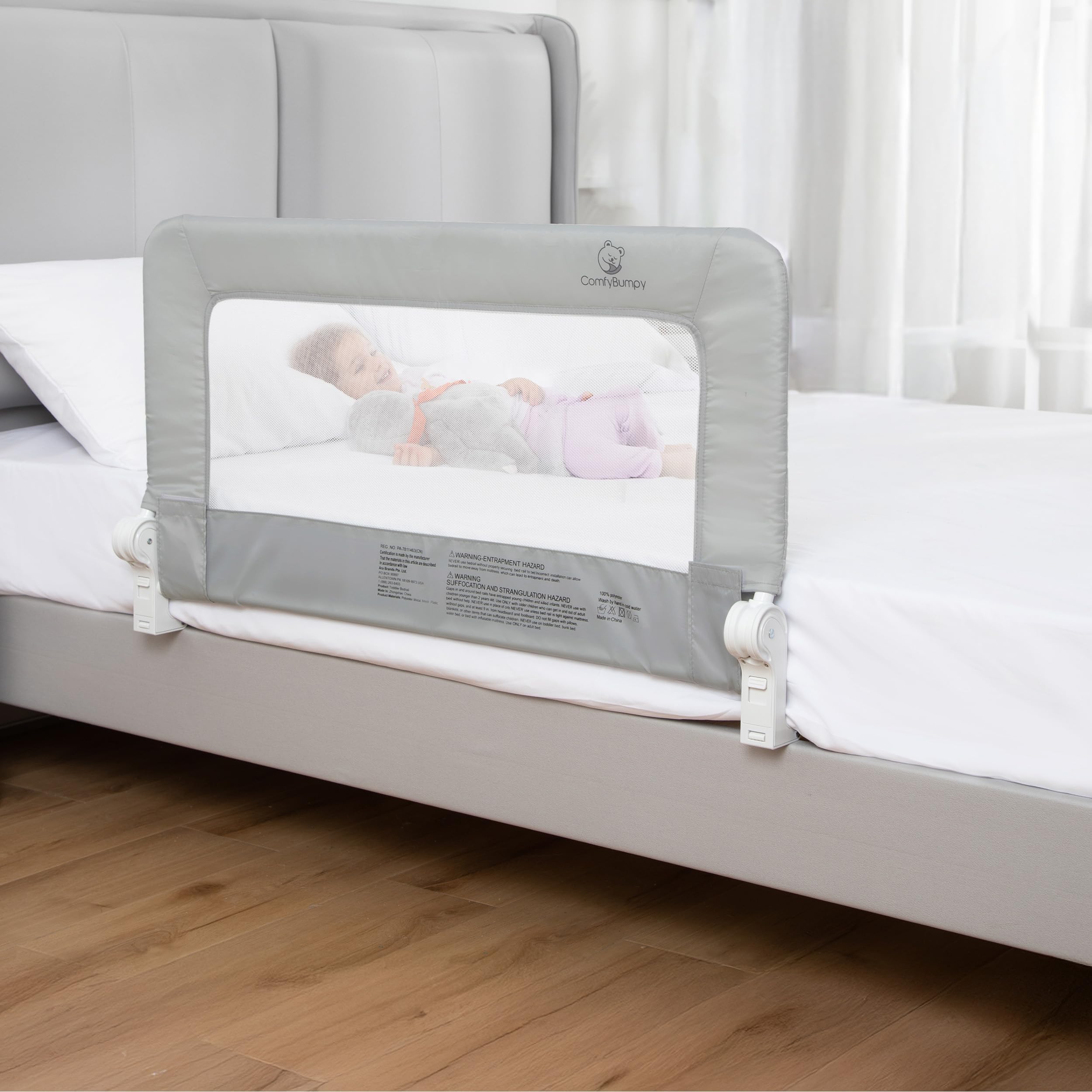 ComfyBumpy 1-Pack Bed Rail for Toddlers 35.5" L x 19.5" H | Toddler Bed Rails for Twin, Full &amp; Toddler Bed Size | Swing Down Bed Rail Guard | Baby Bed Side Rail for Kids | Gray