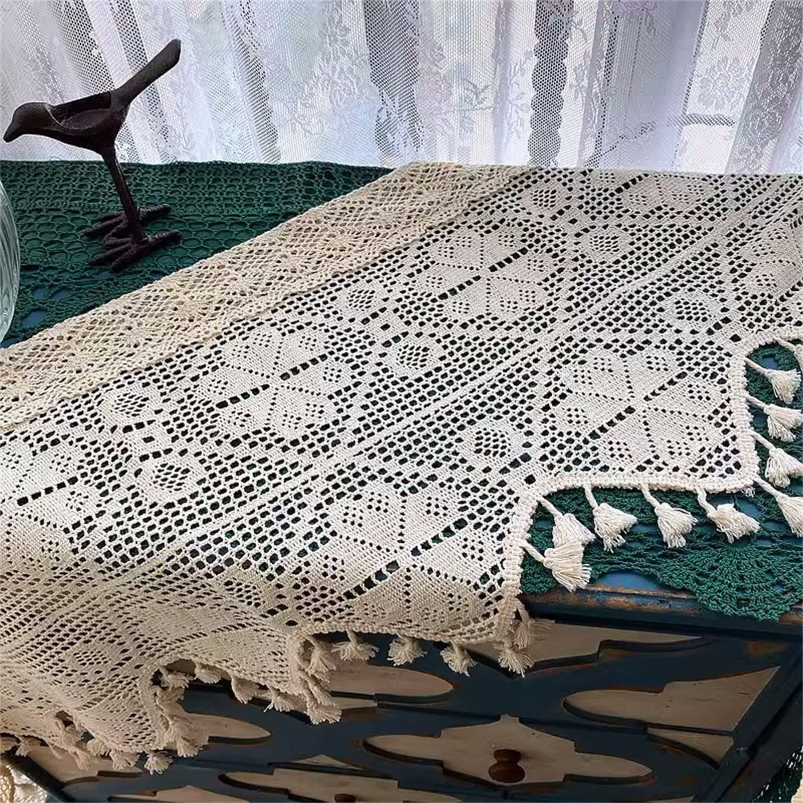 Rideaux à pompons au crochet pour salon et chambre à coucher - Style rustique - Dentelle florale - 1 panneau - 220 x 55 cm (l x H) - Beige