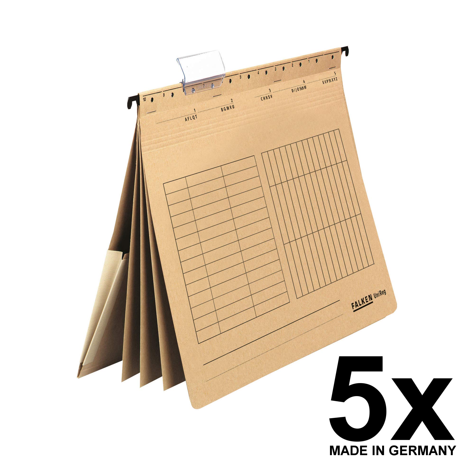 Original Falken 5er Pack Mehrfach-Hängehefter UniReg. Made in Germany. Aus Recycling-Karton braun, DIN A4, kaufmännische Heftung, 3 Trennblätter, 4 Heftungen, Innentasche am Rücken | Made in Germany braun 3 Trennblätter 4 Heftungen Innentasche am Rücken B