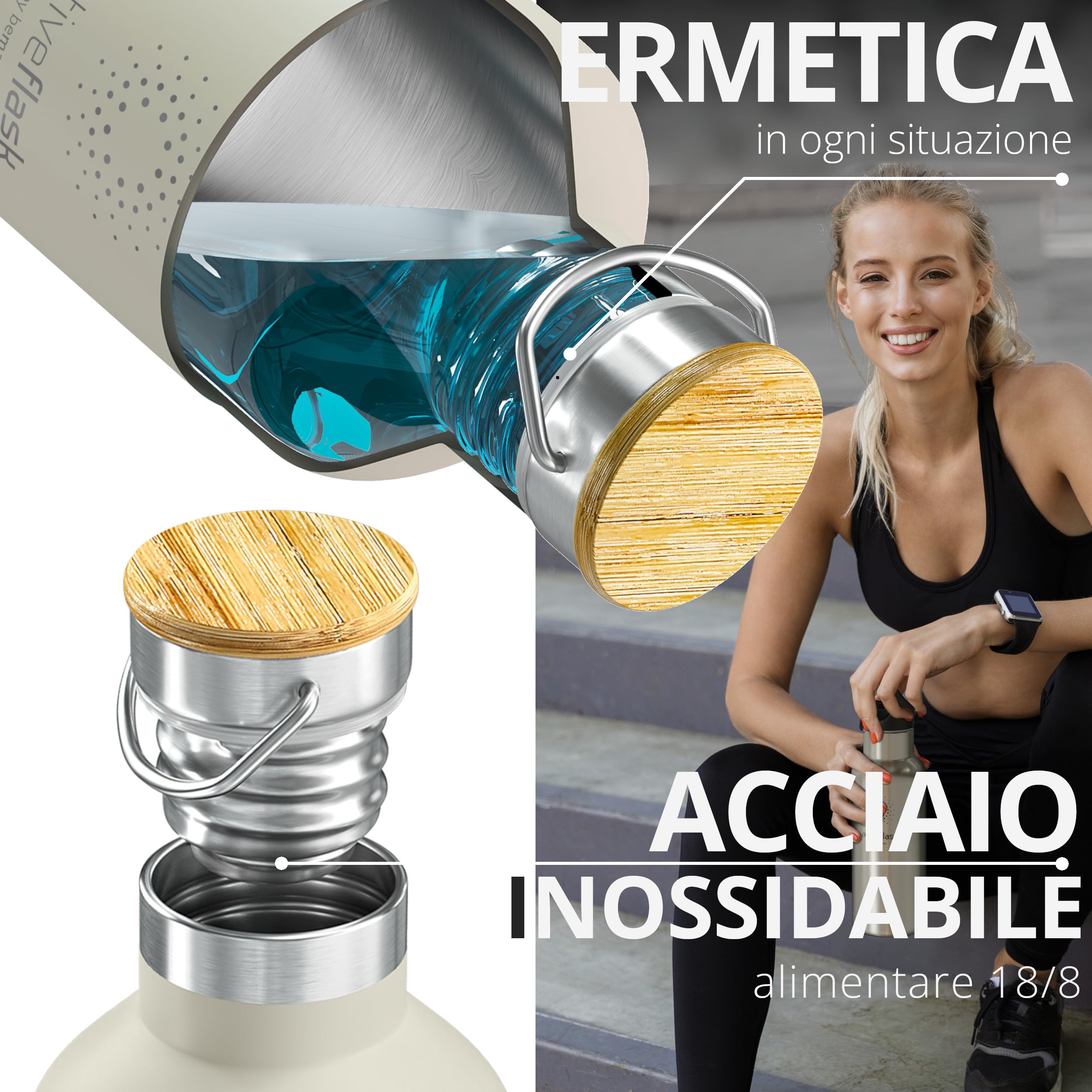 Bottiglia Acqua Termica INOX ACTIVE FLASK + Cannuccia (3 Tappi), Senza BPA - Thermos 1l/500ml | Borraccia Isotermica Acciaio - Caldo/Freddo, Ufficio Outdoor Sport Bicicletta viaggio fitness, Caffe Te