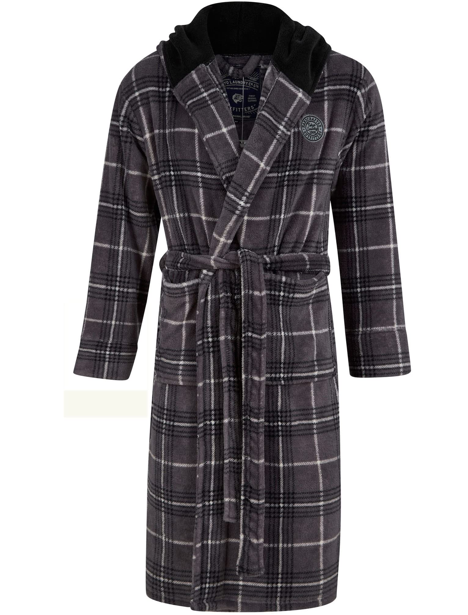 Tokyo Laundry Men's Grey Check Ramsden Checkered Soft Fleece Hooded Dressing Gown - M