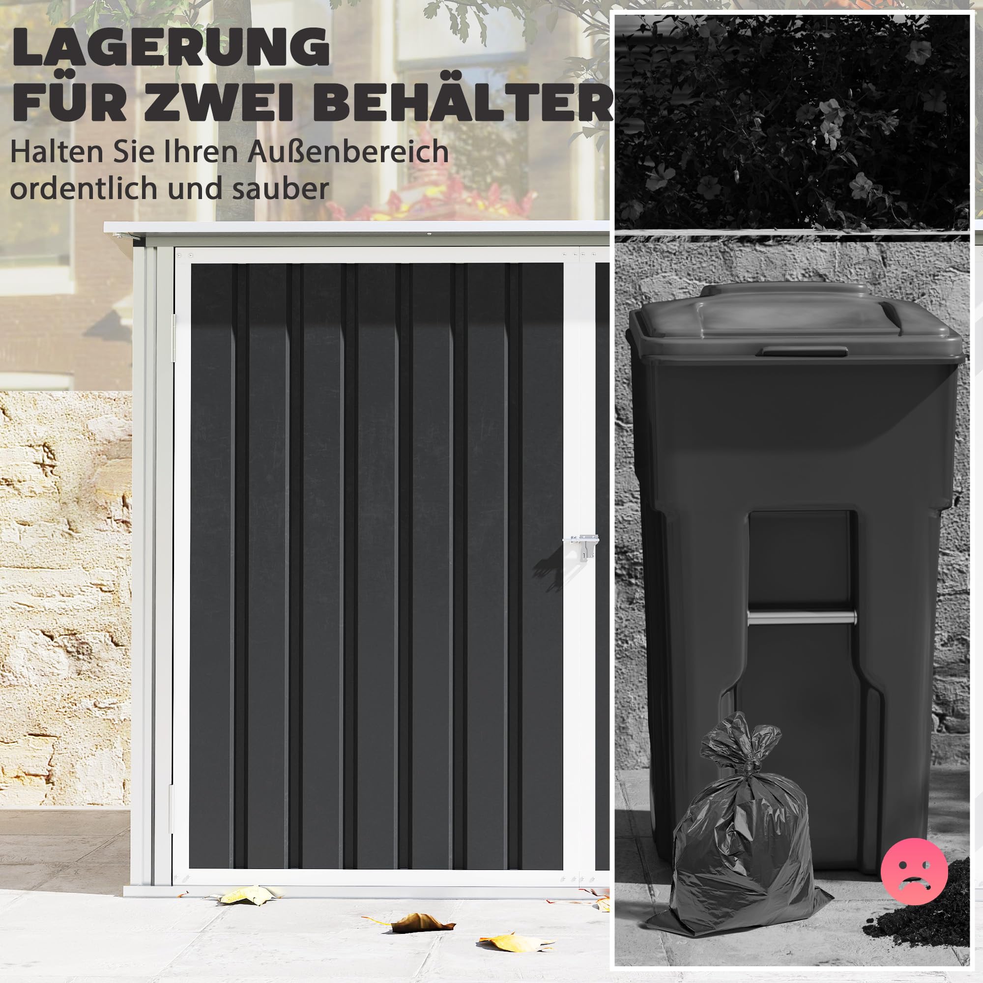 Outsunny Mülltonnenbox für 2 Mülltonnen aus verzinktem Stahl Müllbox mit Klappdeckel Gasdruckfeder Doppeltür Belüftungsöffnungen, abschließbar Mülltonnenverkleidung 179,5 x 108 x 113 cm Dunkelgrau
