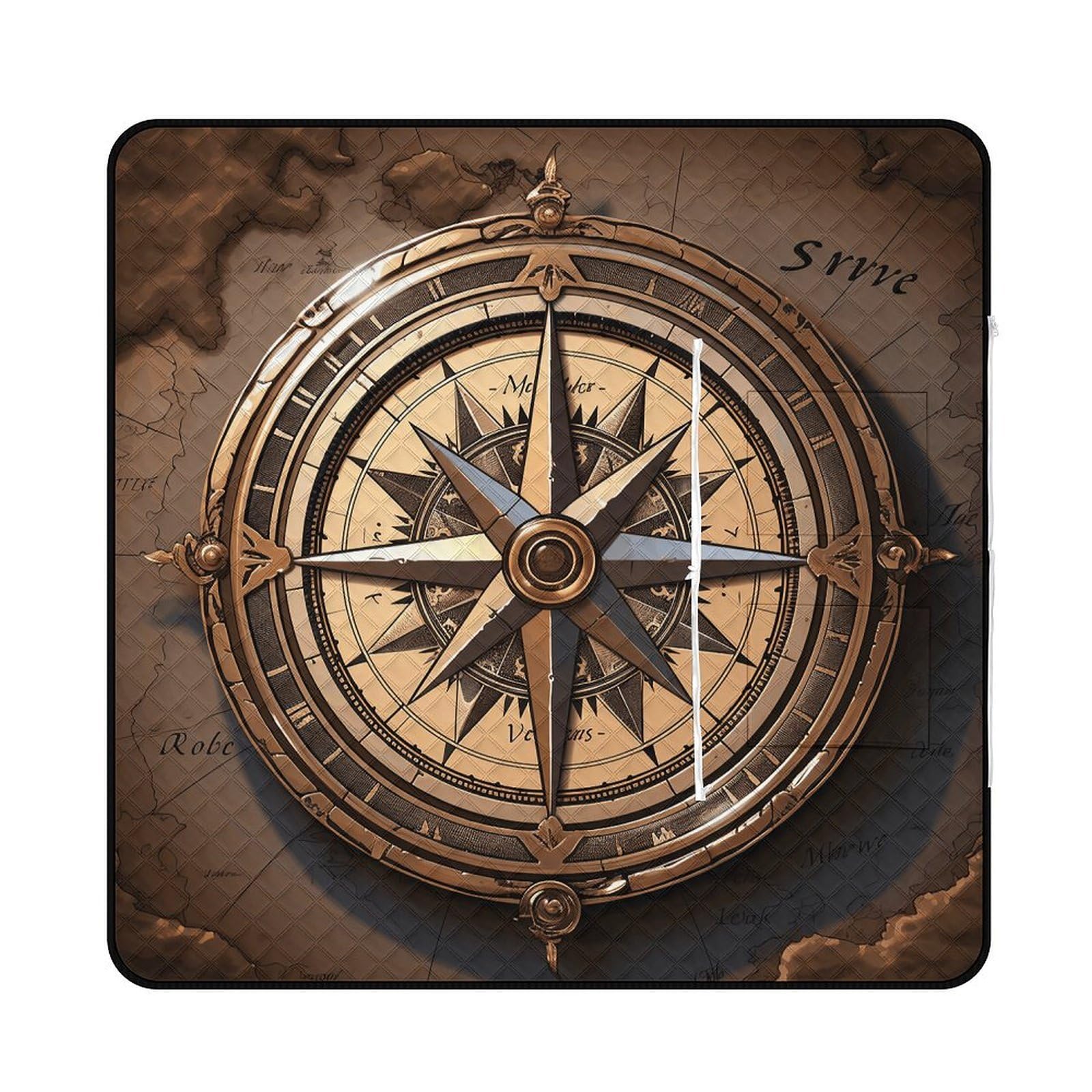 VstaDank Compass Wind Road Map Picnic Mat 150x150cm Extra Large Picnic Blanket with Zipper Waterproof Sandproof Beach Blanket Portable Beach Mat Foldable Camping Blankets for Park Grass Lawn Travel