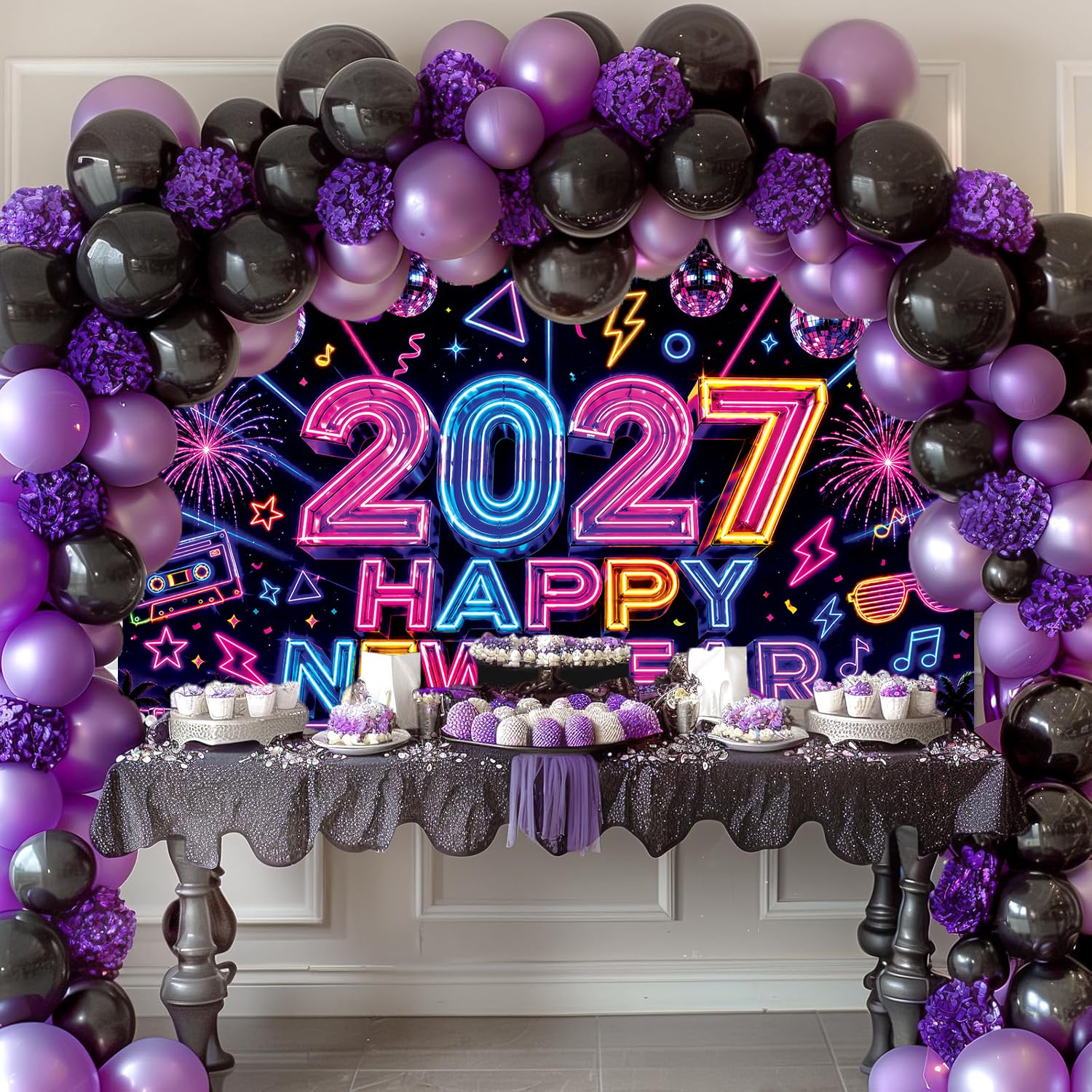 Neon 2027 Felice Anno Nuovo Fondale 20 x 1,8 m Retro 80s 90s Disco Ball NYE sfondo