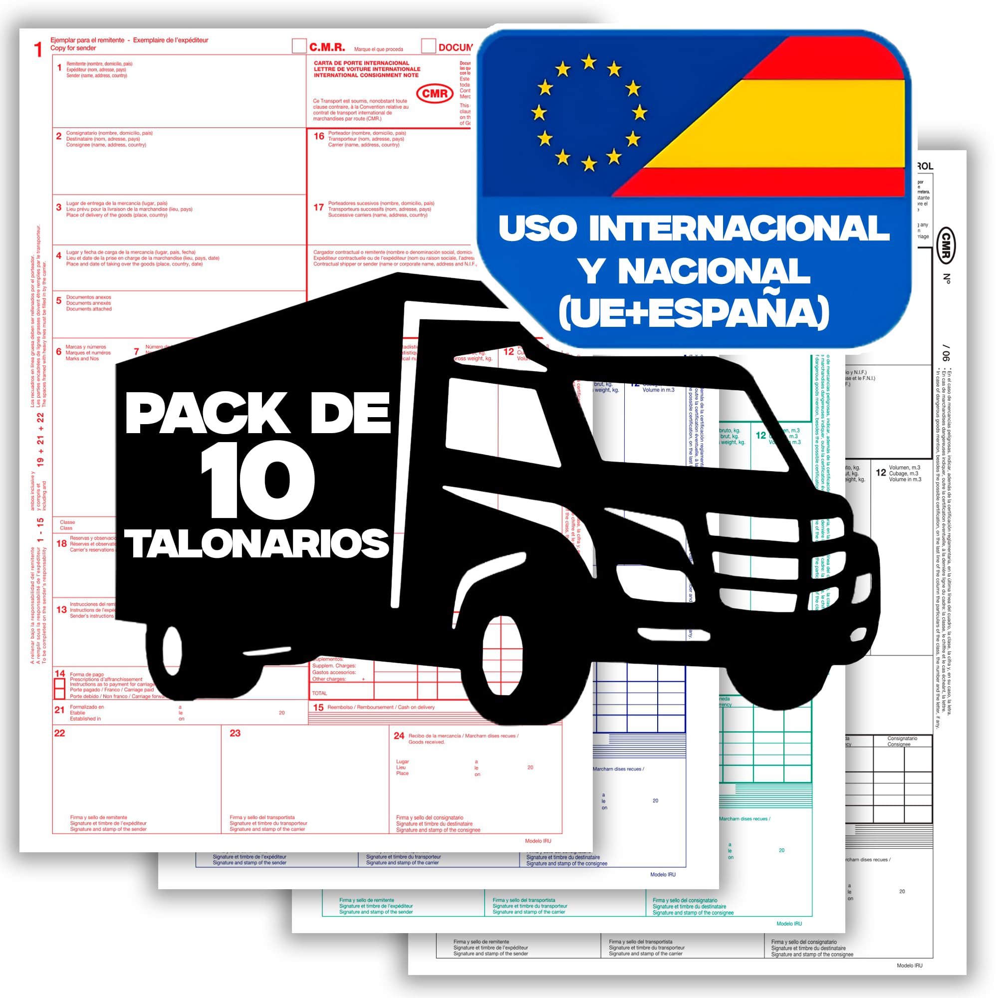 Pack 10 Talonarios CMR/DOCUMENTO DE CONTROL Autocopiativos - Transporte Nacional e Internacional - 4 Copias Numeradas - 25 Juegos Numerados - Cumple con Normativa CMR Internacional