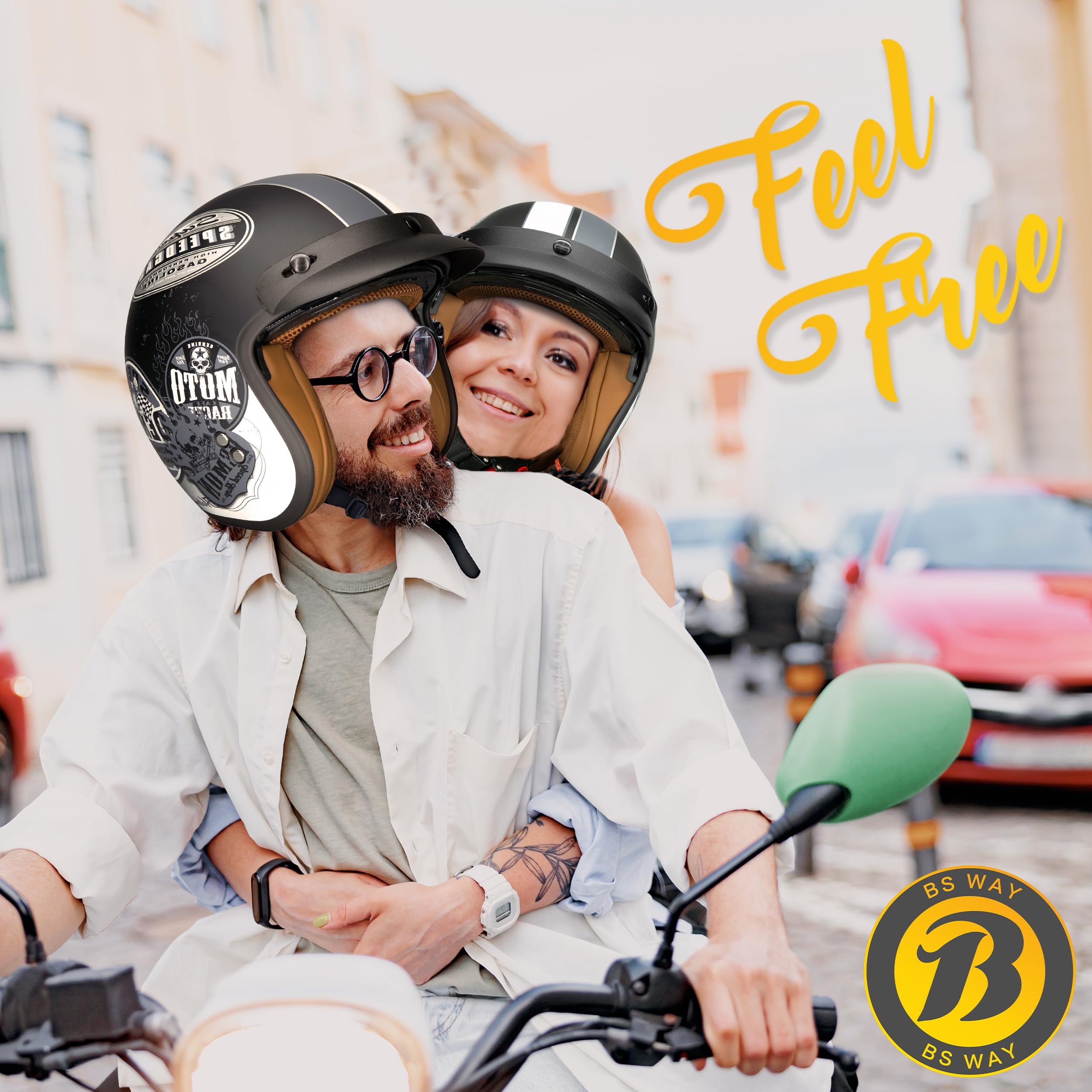 Jethelm mit Visier by BS Way: Hochwertiger Motorradhelm, ECE-Zertifiziert für Herren und Damen - Ideal für Roller, Moped, Mofa und Scooter - Retro Helm Design, Halbschalenhelm Vintage